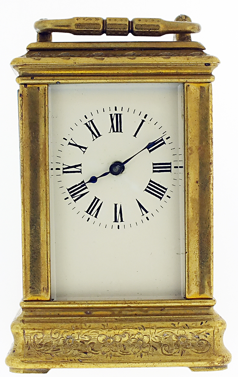 French miniature carriage clock, 8 day, time only, spring driven movement with lever platform escapement in a gilt Gorge case with foliate engraving and inset with three painted enamel panels depicting peasants in pastoral scenes, white enamel dial, c1880 — Antique Clocks Price Guide