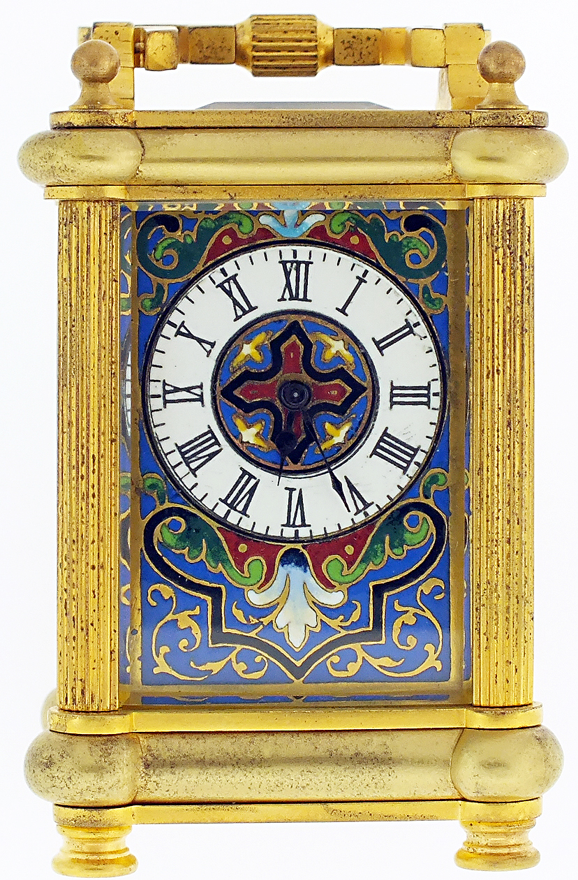 French miniature carriage clock for Payne & Co. 163 New Bond St., London, 8 day, time only, spring driven movement with lever platform escapement in a gilt case with reeded columns and turned feet and inset with two cloissone enamel panels and a cloissone enamel mask surrounding Roman numeral white enamel dial, serial #7447, c1885 — Antique Clocks Price Guide