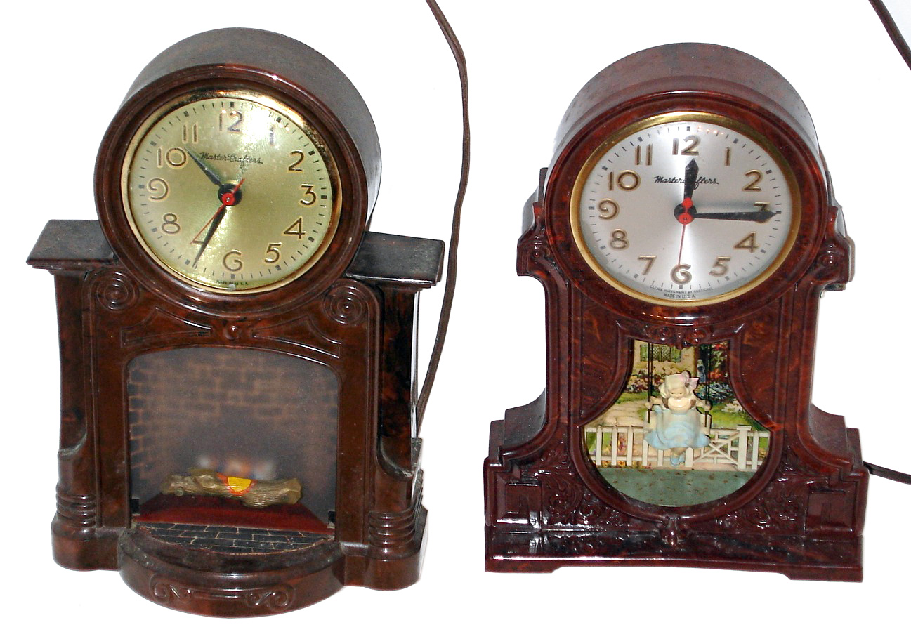 Clocks- 2 (Two) MasterCrafters, Chicago, Ill, plug-in electric automaton timepieces: swinging doll and fireplace, c1950. — Antique Clocks Price Guide