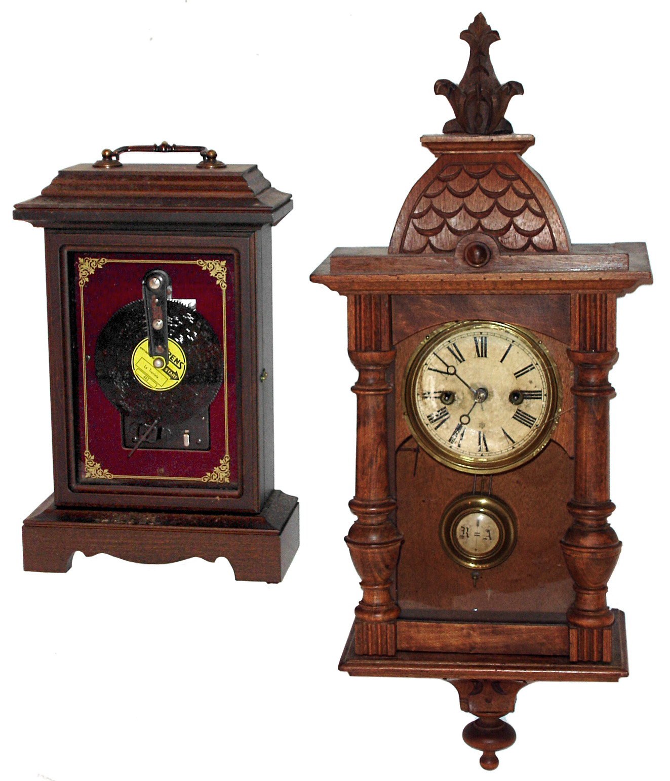 German 30 hour time and strike, small R/A wood wall clock, c1900; and modern Thorens Swiss disk music box in wood bracket-clock case. — Antique Clocks Price Guide