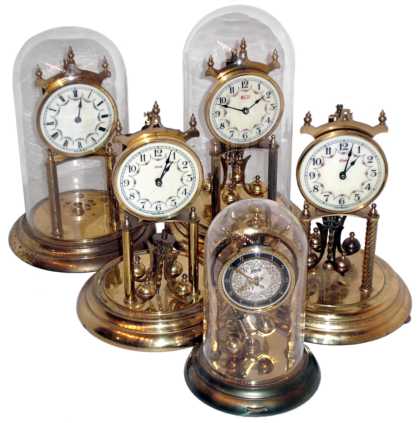 Clocks- 5 (Five) German 400 day anniversary clocks: two are Kundo; one is Kieninger & Obergfell, one is Welby; smallest is Schatz; mid 20th century — Antique Clocks Price Guide