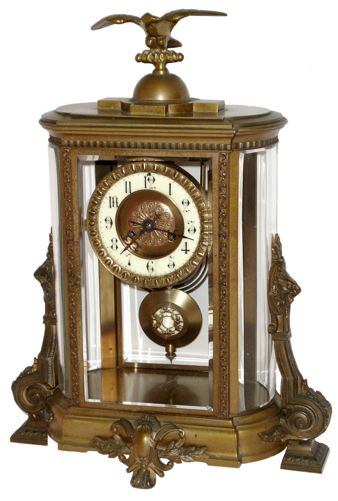 French brass and beveled glass 8 days, time and strike, eagle-top crystal regulator, Vincenti Medaille D'Argent 1855 movement, c1870 — Antique Clocks Price Guide