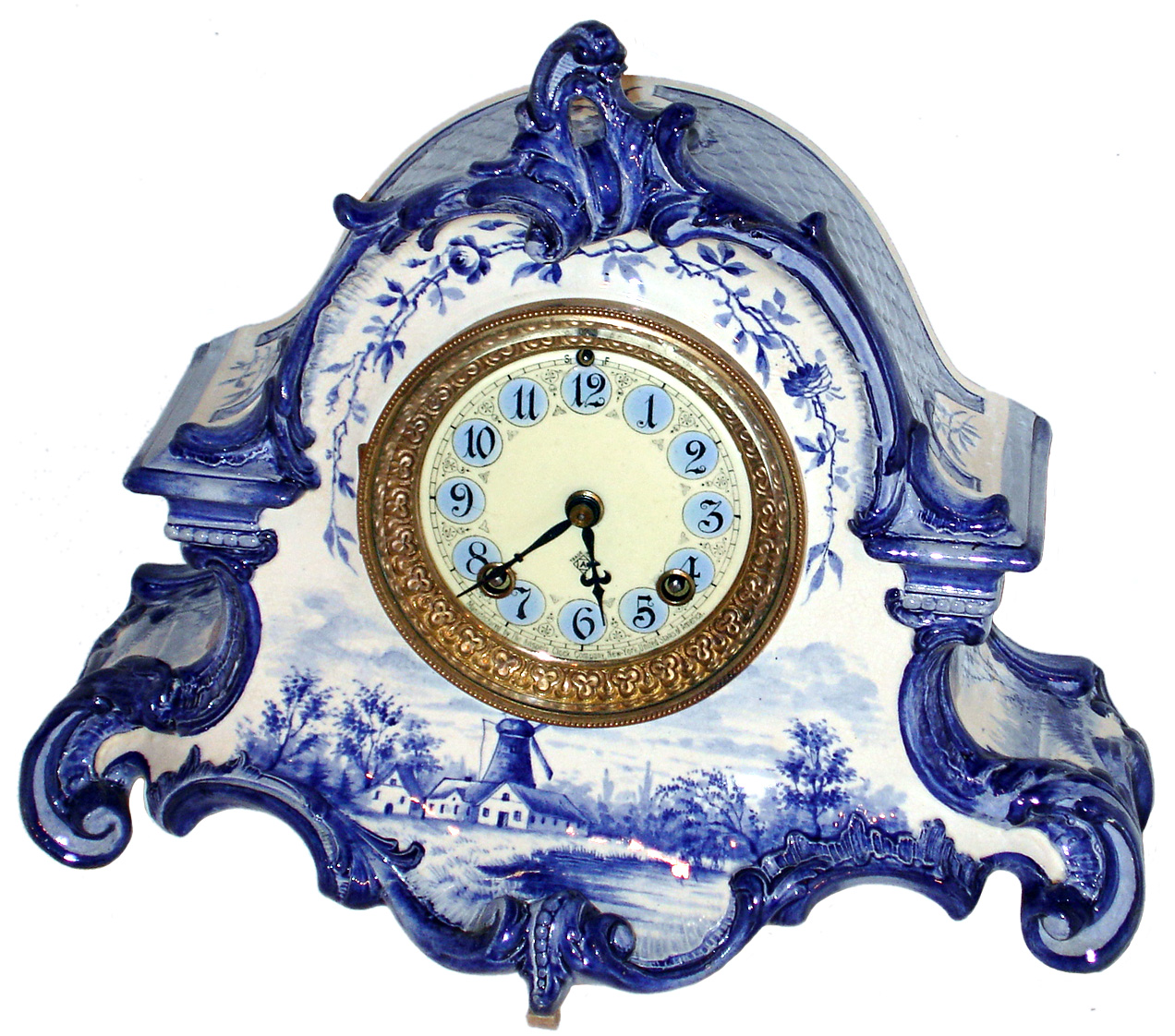Ansonia Clock Co., Brooklyn, New York, "La Porte" shelf clock, 8 days, time and strike, spring driven movement in a Delft style porcelain case, c1895 — Antique Clocks Price Guide