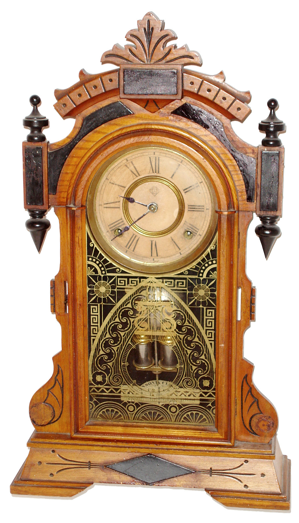 Ansonia Clock Co., Brooklyn, New York, "Sydney" shelf clock, 8 days time and strike, spring driven movement in an ash case, c1886 — Antique Clocks Price Guide