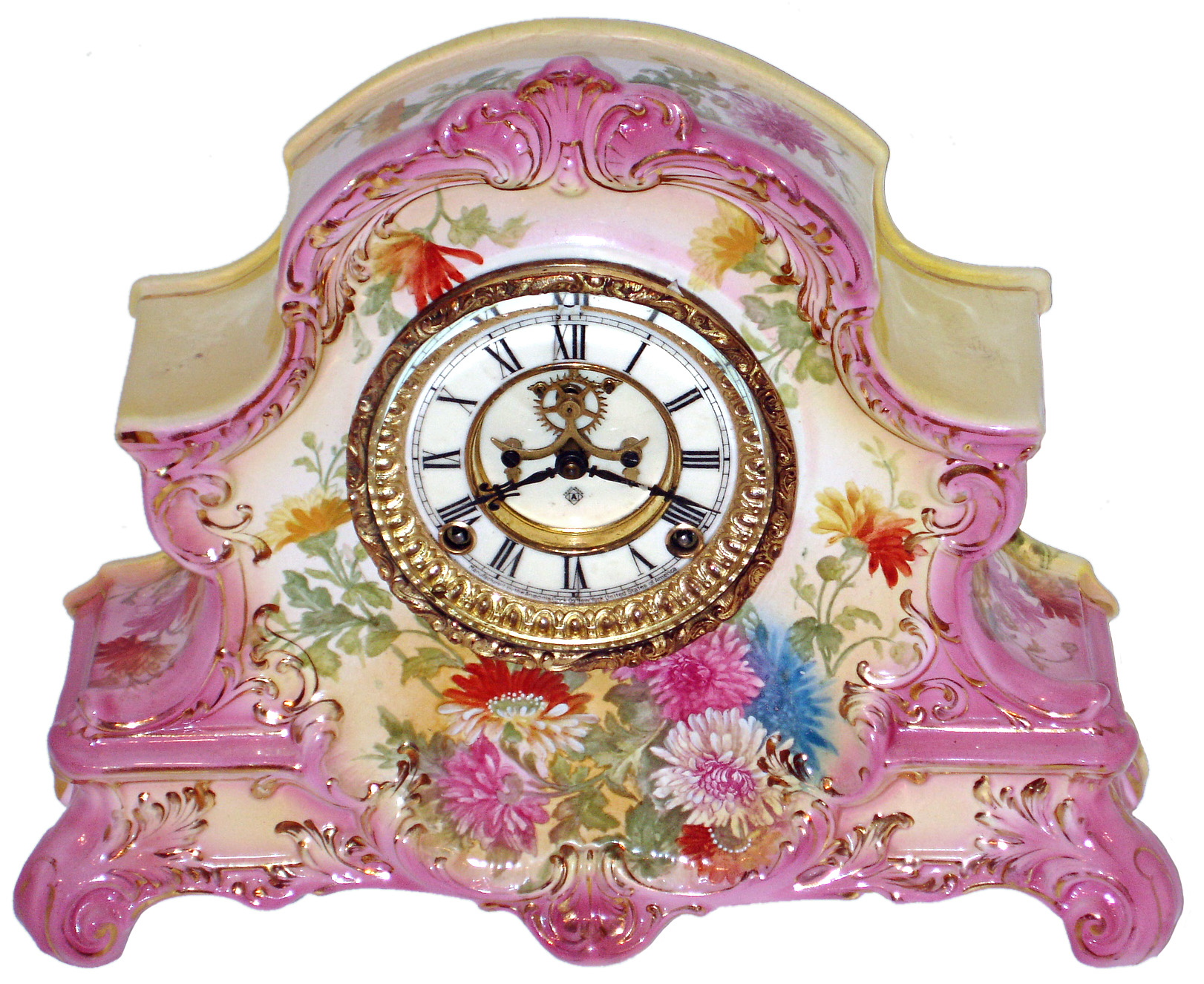 Ansonia Clock Co., Brooklyn, New York, "La Nord" Royal Bonn porcelain shelf clock, 8 days time and strike, spring driven movement, c1904 — Antique Clocks Price Guide