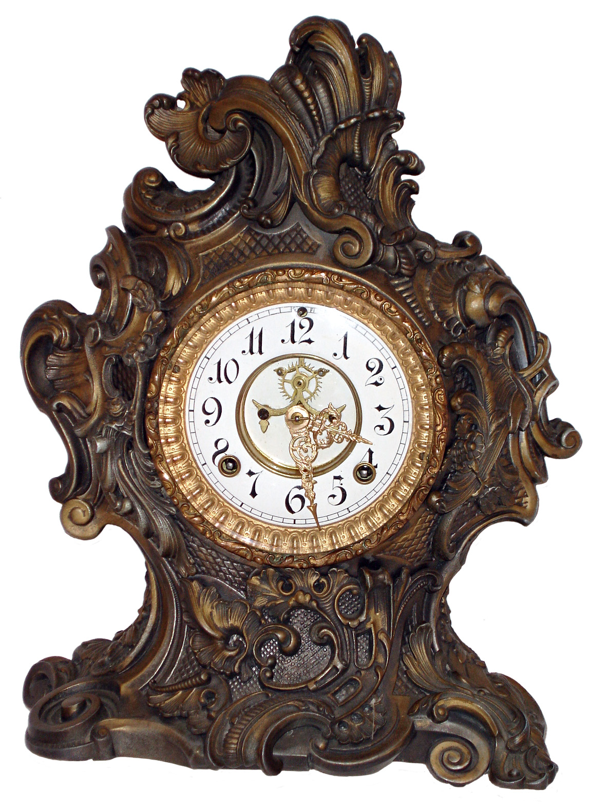 Ansonia Clock Co., Brooklyn, New York, "Rococo" shelf clock, 8 days time and strike, spring driven movement, with visible escapement, in a bronzed cast metal case, c1894, — Antique Clocks Price Guide
