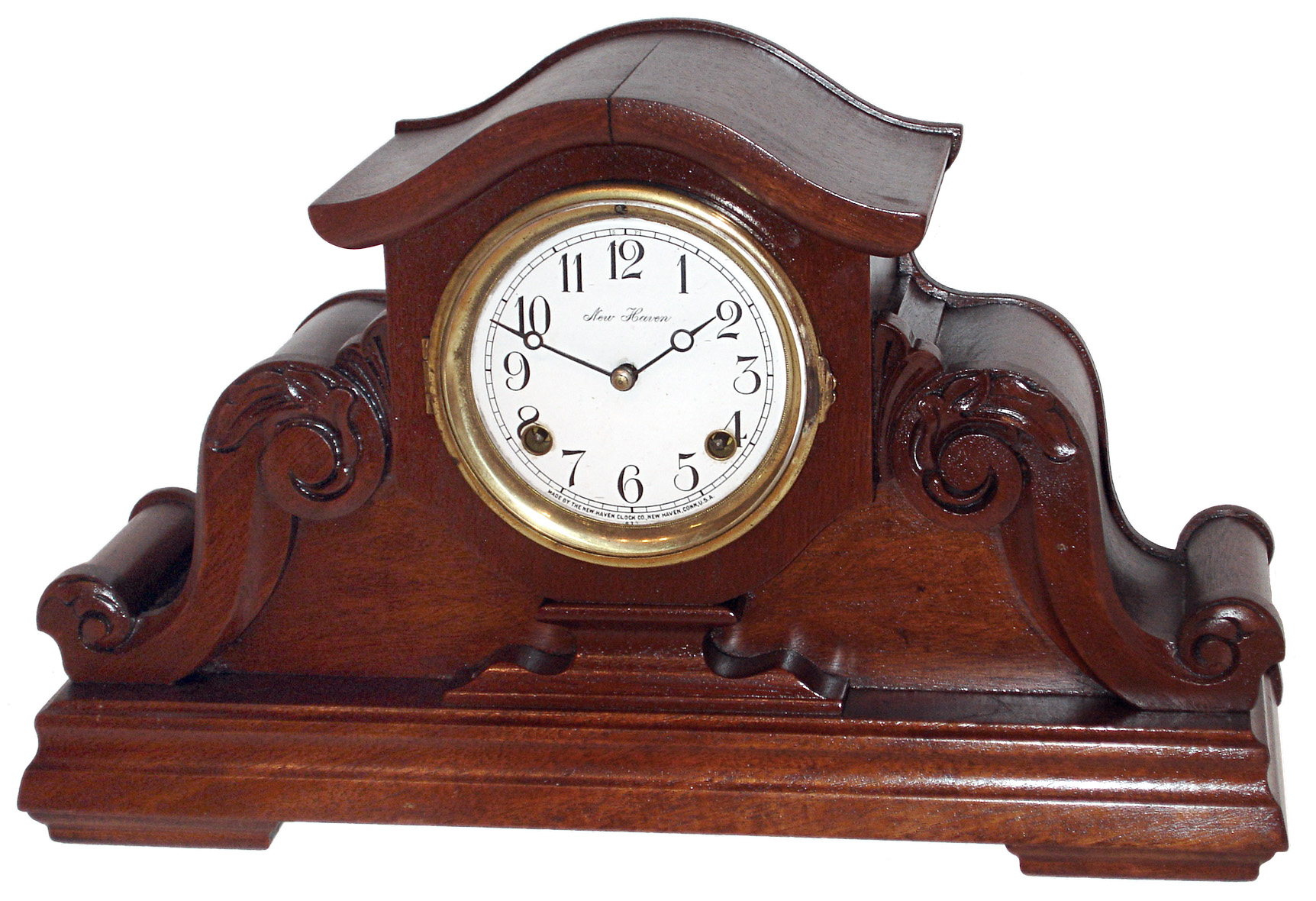 New Haven Clock Co., New Haven, Conn., "Oriole" shelf clock, 8 days time and strike, spring driven movement in a solid mahogany case, c1911, — Antique Clocks Price Guide