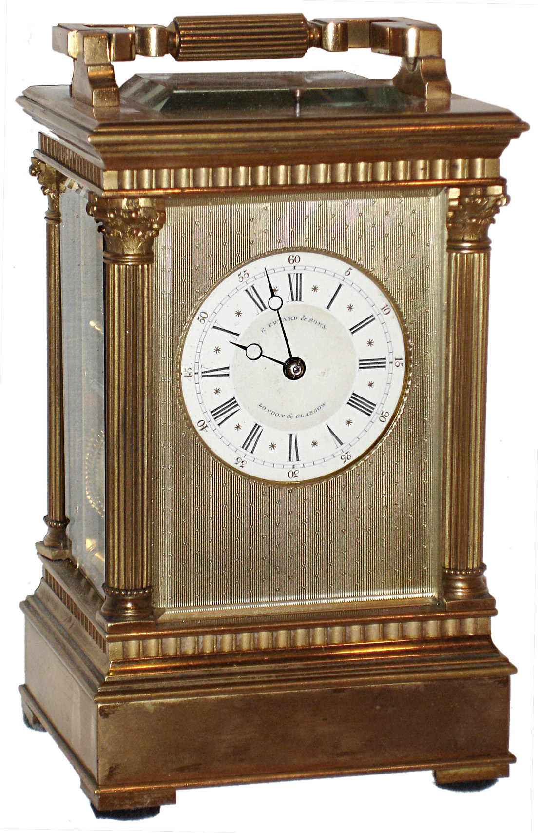 French brass & glass 8 days, time, strike and repeat carriage clock, retailed by G. Edward & Sons, London & Glasgow, c1900 — Antique Clocks Price Guide