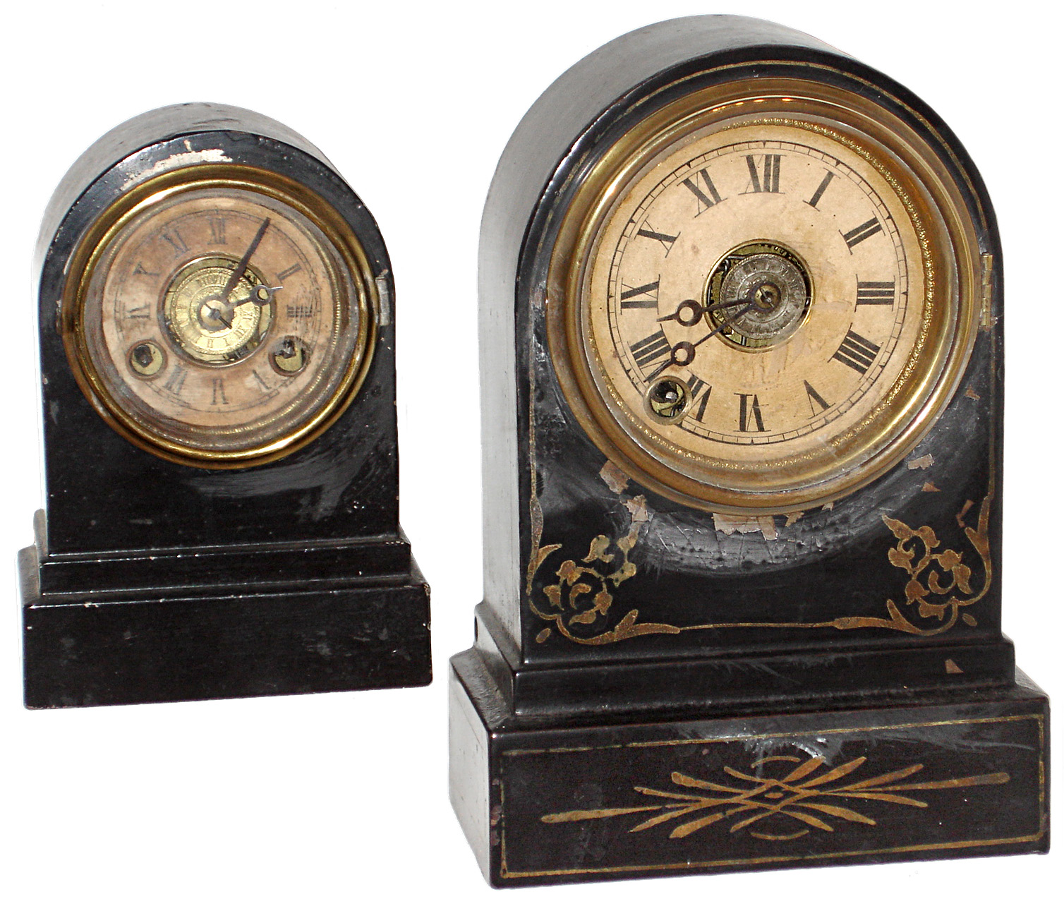 Clocks- 2 (Two) Terry Clock Co. Waterbury, Conn., iron cased time & alarm desk clocks: larger is stenciled c1875 — Antique Clocks Price Guide