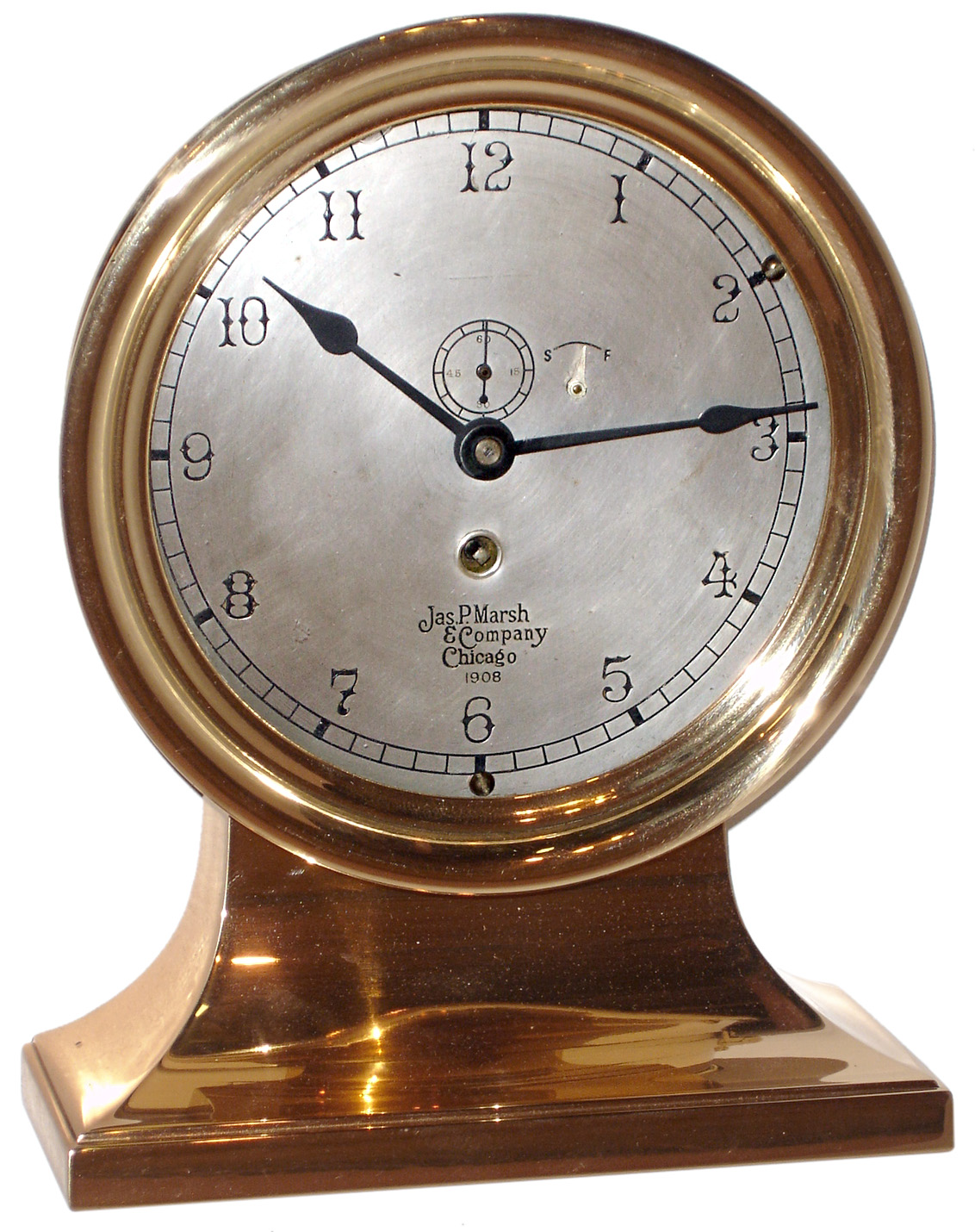 Chelsea Clock Co., Boston, Mass., brass 8 days, time only, engine room clock for Jas. P. Marsh & Company, Chicago, 1908 — Antique Clocks Price Guide