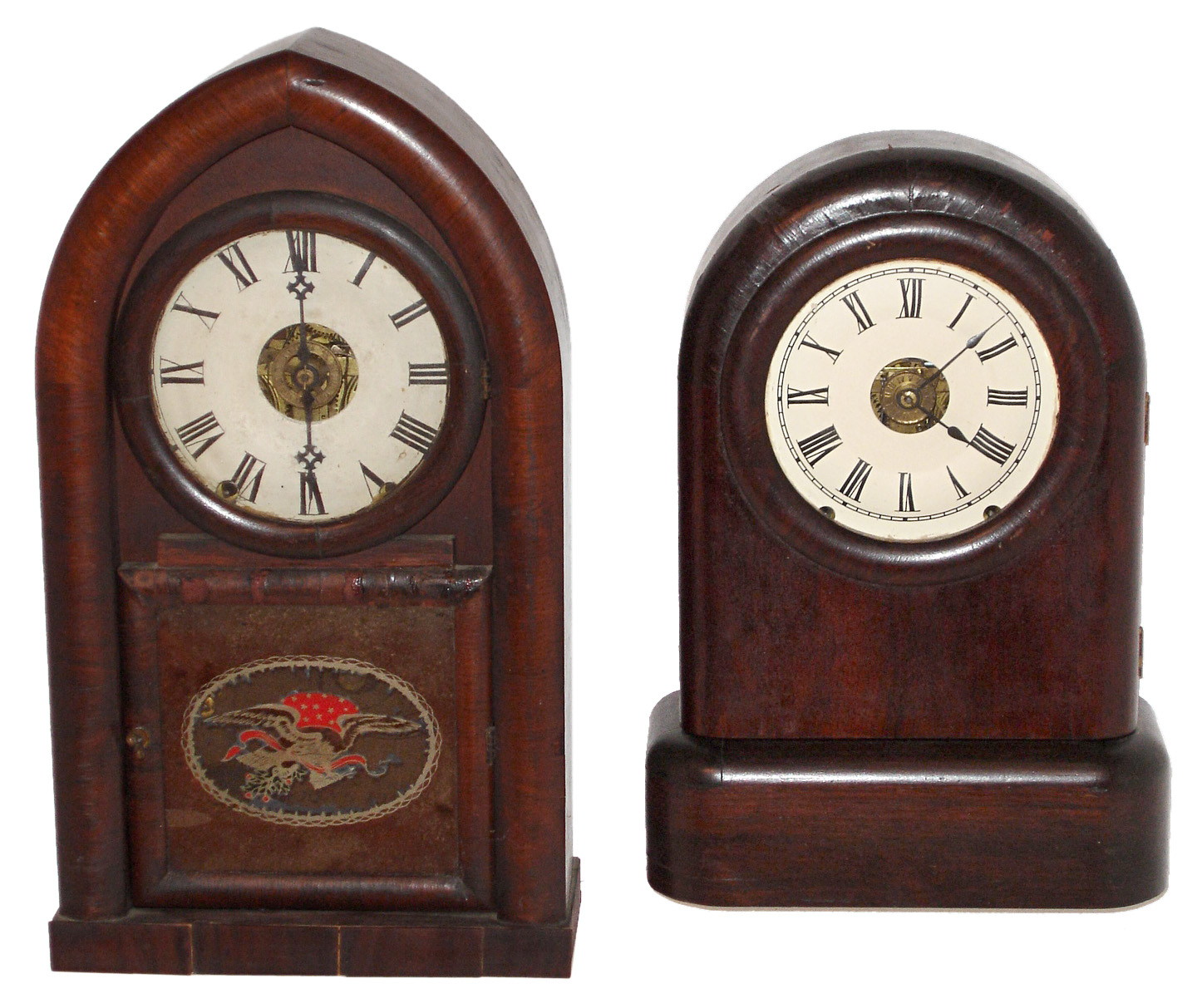 Clocks- 2 (Two) Connecticut mahogany 8 days, time, strike and alarm shelf clocks: Seth Thomas "Tudor No.3"; Daniel Pratt's Sons beehive; late 19th & early 20th centuries. — Antique Clocks Price Guide