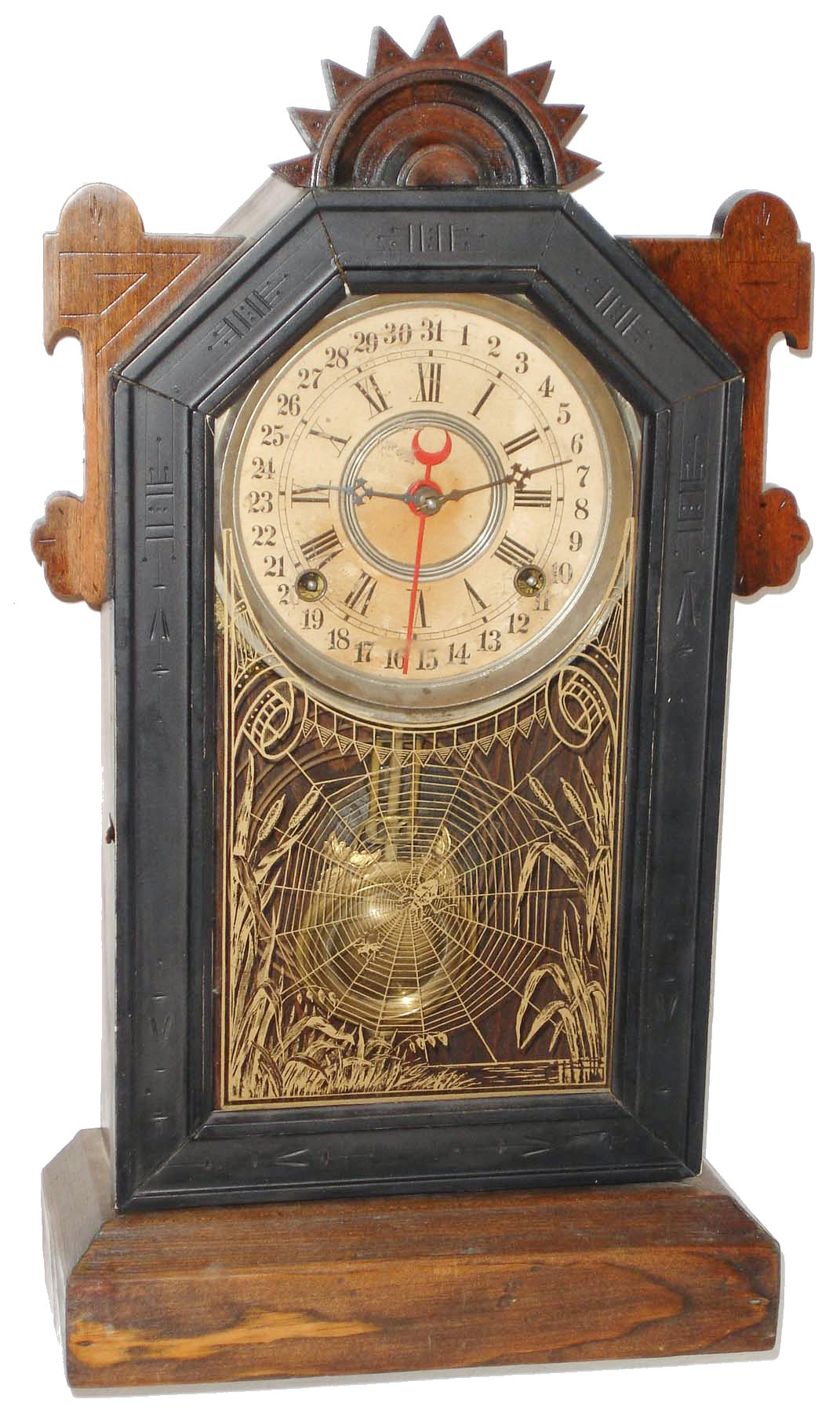 Gilbert Clock Co., Winsted, Conn., "Jet" 8 days, time, strike & calendar ebonized shelf clock, c1885 — Antique Clocks Price Guide