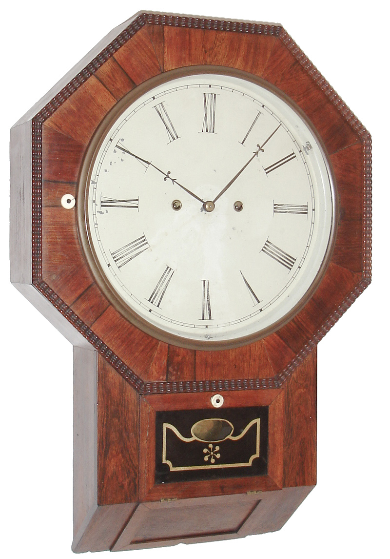 Atkins Clock Co., Bristol, Conn., "Octagon Drop XX" wall clock with alternate tablet,  30 days, time only, wagon spring driven movement in a rosewood ripple front case with ivory knobs, painted metal dial and reverse painted lower tablet, c1860 — Antique Clocks Price Guide