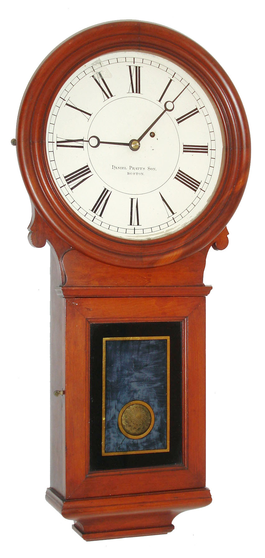 Boston Clock Co., Boston, Mass., for Daniel Pratt's Son, Boston, "No. 1 Pendulum", wall clock, 8 days, time only, weight driven movement in a cherry case with reverse painted lower tablet and painted metal dial, c1895 — Antique Clocks Price Guide