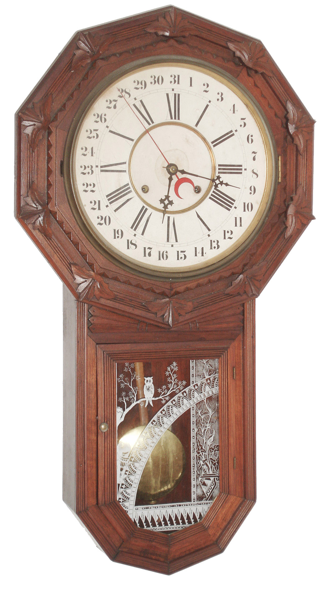 William L. Gilbert Clock Co., Winsted, Conn., "Star Drop Calendar" 8 day, time and strike,  calendar wall clock in walnut. c1883 — Antique Clocks Price Guide