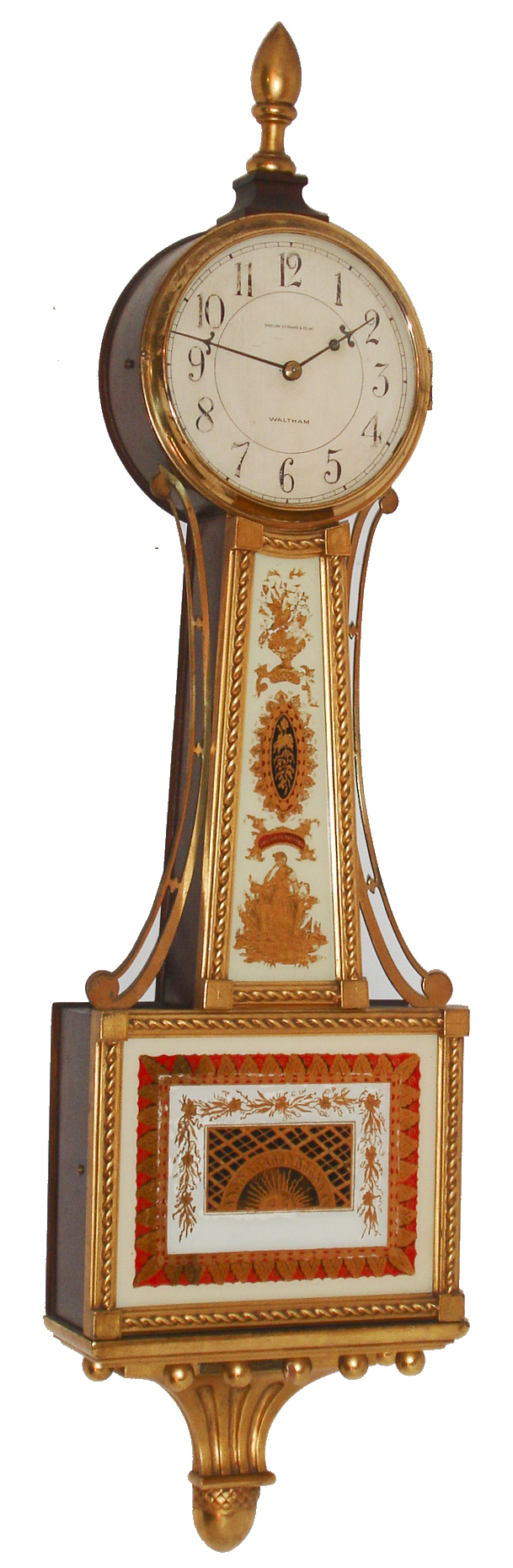 Waltham Watch Co, Waltham, Mass., 8 day, gilt weight driven banjo timepiece retailed by Bigelow Kennard & Co, c1930 — Antique Clocks Price Guide