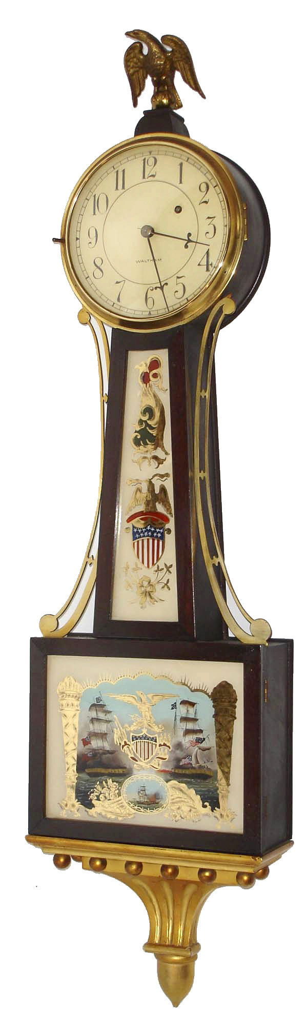 Waltham Watch Co., Waltham, Mass., 8 days, weight mahogany patent or banjo timepiece with a gilt bracket.  A tablet depicting Perry's victory naval, c1930 Case is stamped 34. — Antique Clocks Price Guide
