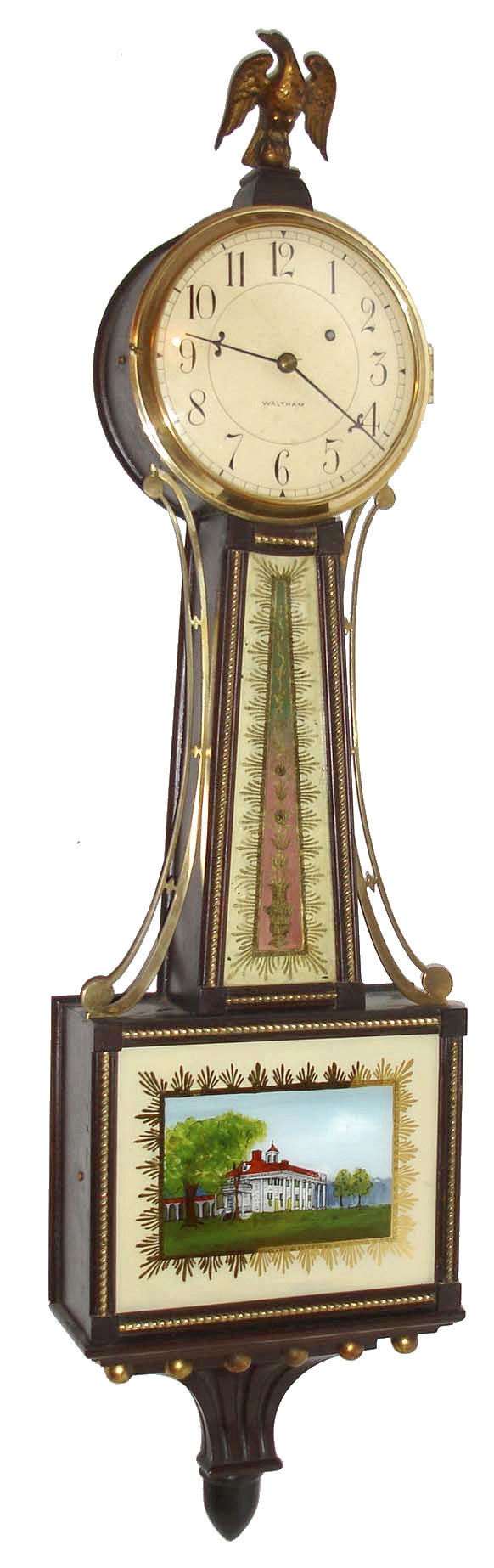 Waltham Watch Co., Waltham, Mass., 8 days, weight mahogany patent or banjo timepiece with brass roping and a  Mount Vernon tablet. c1930  Case is stamped 106. — Antique Clocks Price Guide