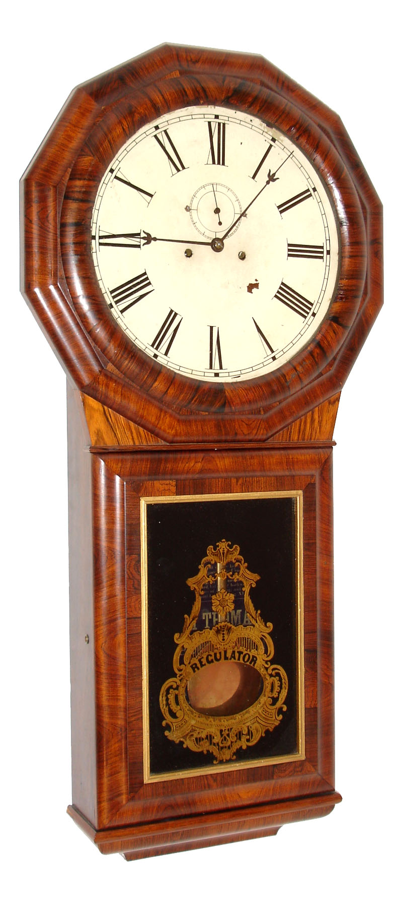Seth Thomas Clock Co., Thomaston, Conn., "Regulator No. 1 Extra", wall clock, 8 days, time and strike, two weight driven movement in a rosewood veneer case with painted metal dial and reverse painted lower tablet, c1866 — Antique Clocks Price Guide