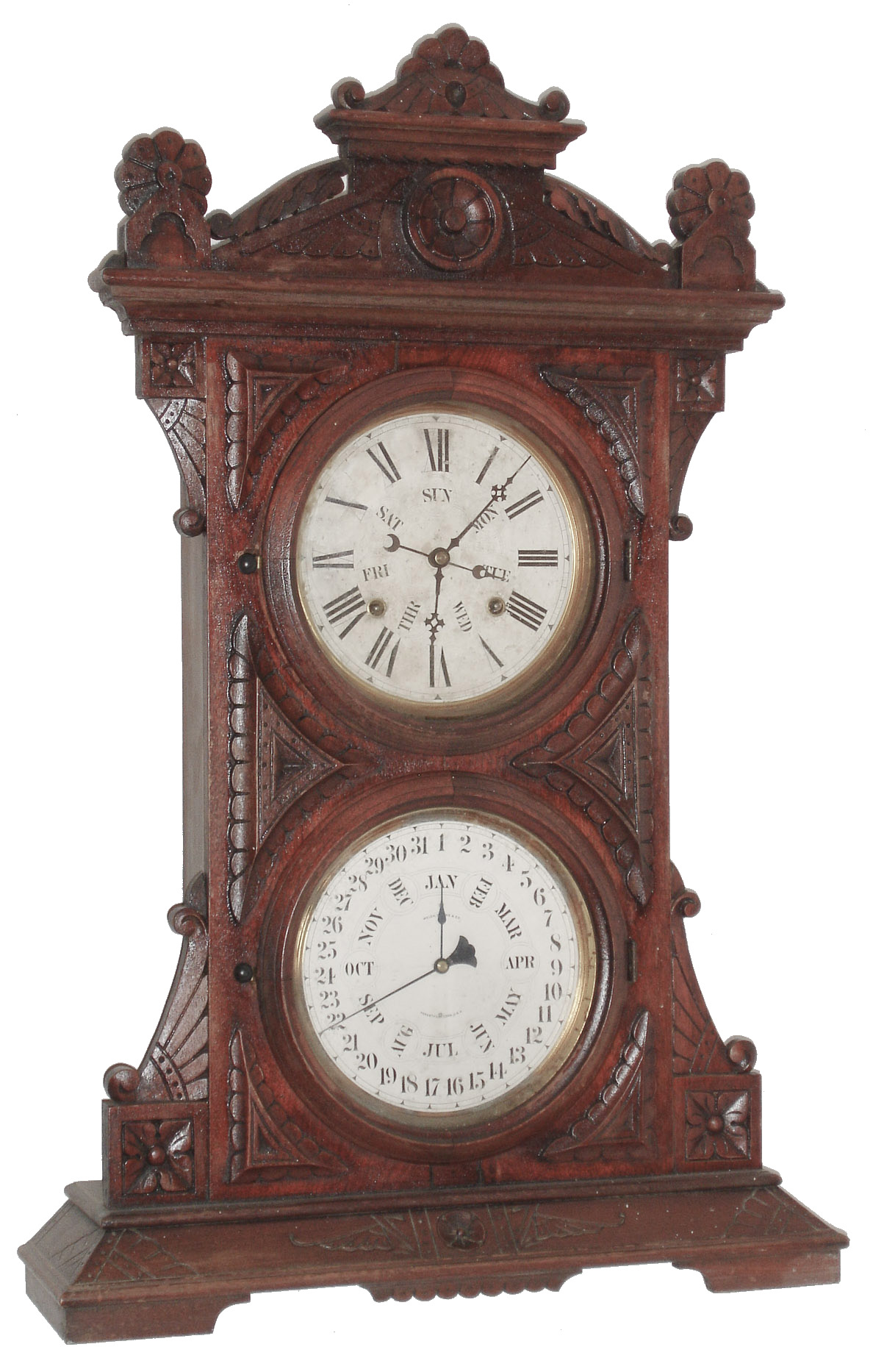 Welch, Spring & Co, Forestville, Conn., "Audran B.W.", 8 day, time and strike, B.B. Lewis double dial calendar clock, c1872 — Antique Clocks Price Guide