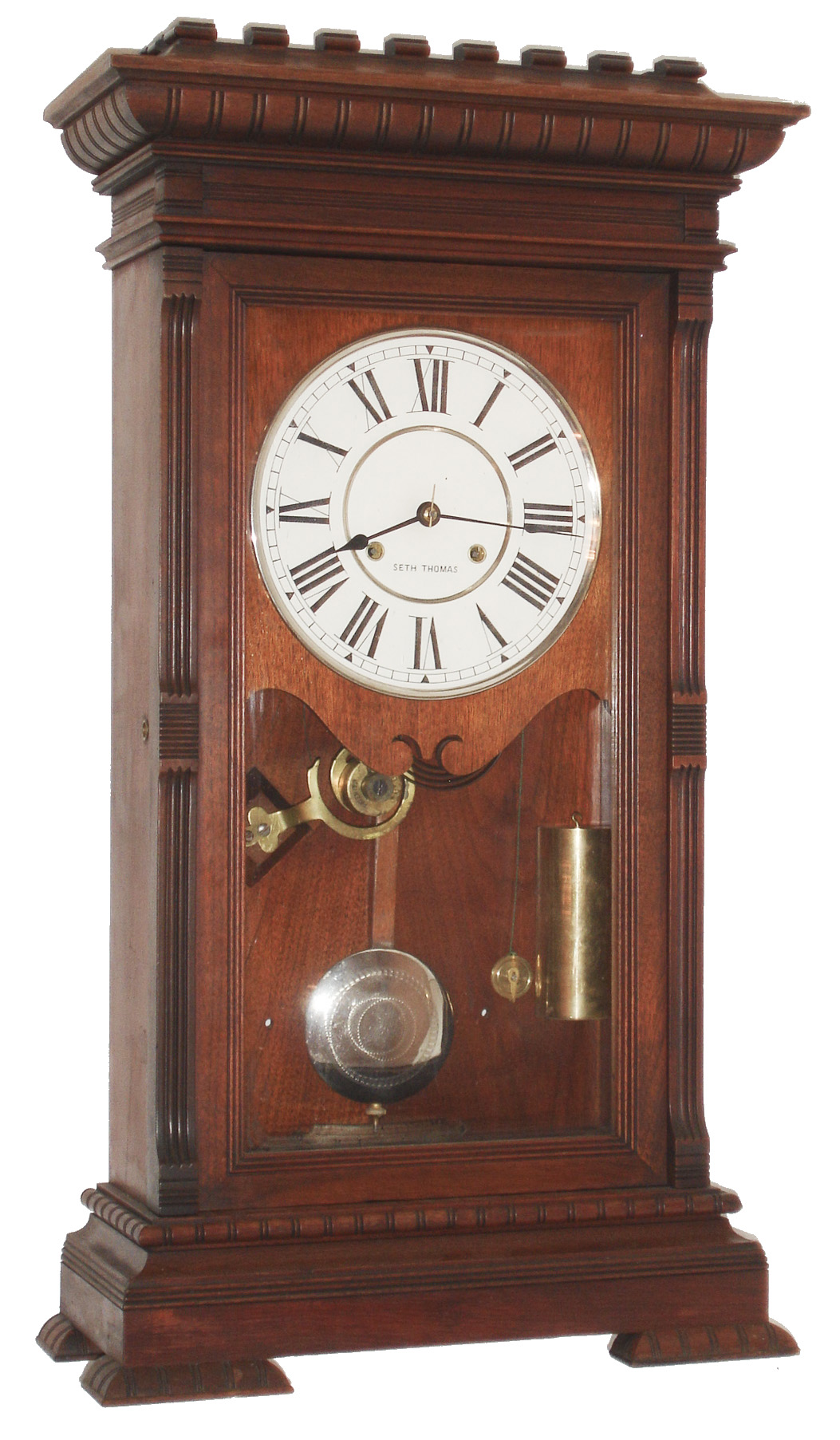 Seth Thomas Clock Co., Thomaston, Conn., "Garfield", 8 day, time and strike, weight driven movement in a walnut case with painted metal dial, damascened nickel plate pendulum bob and brass weights,  c1883 — Antique Clocks Price Guide