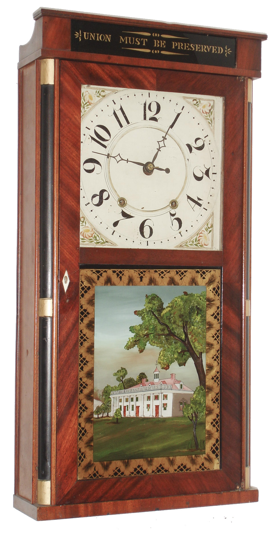 Silas Hoadley, Plymouth, Conn., 30 hour, time and strike, quarter column with a "Union Must be Preserved" top glass shelf clock. c1830 — Antique Clocks Price Guide