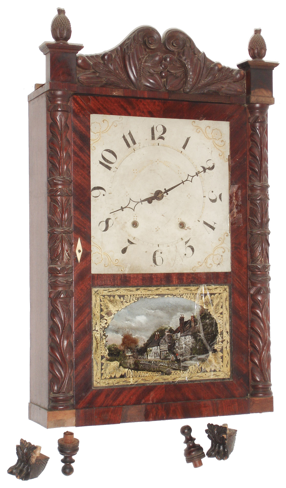 Ephraim Downes for George Mitchell, Bristol, Conn., 30 hour, time and strike, weight wood movement short Carved column and splat shelf clock, c1830 — Antique Clocks Price Guide