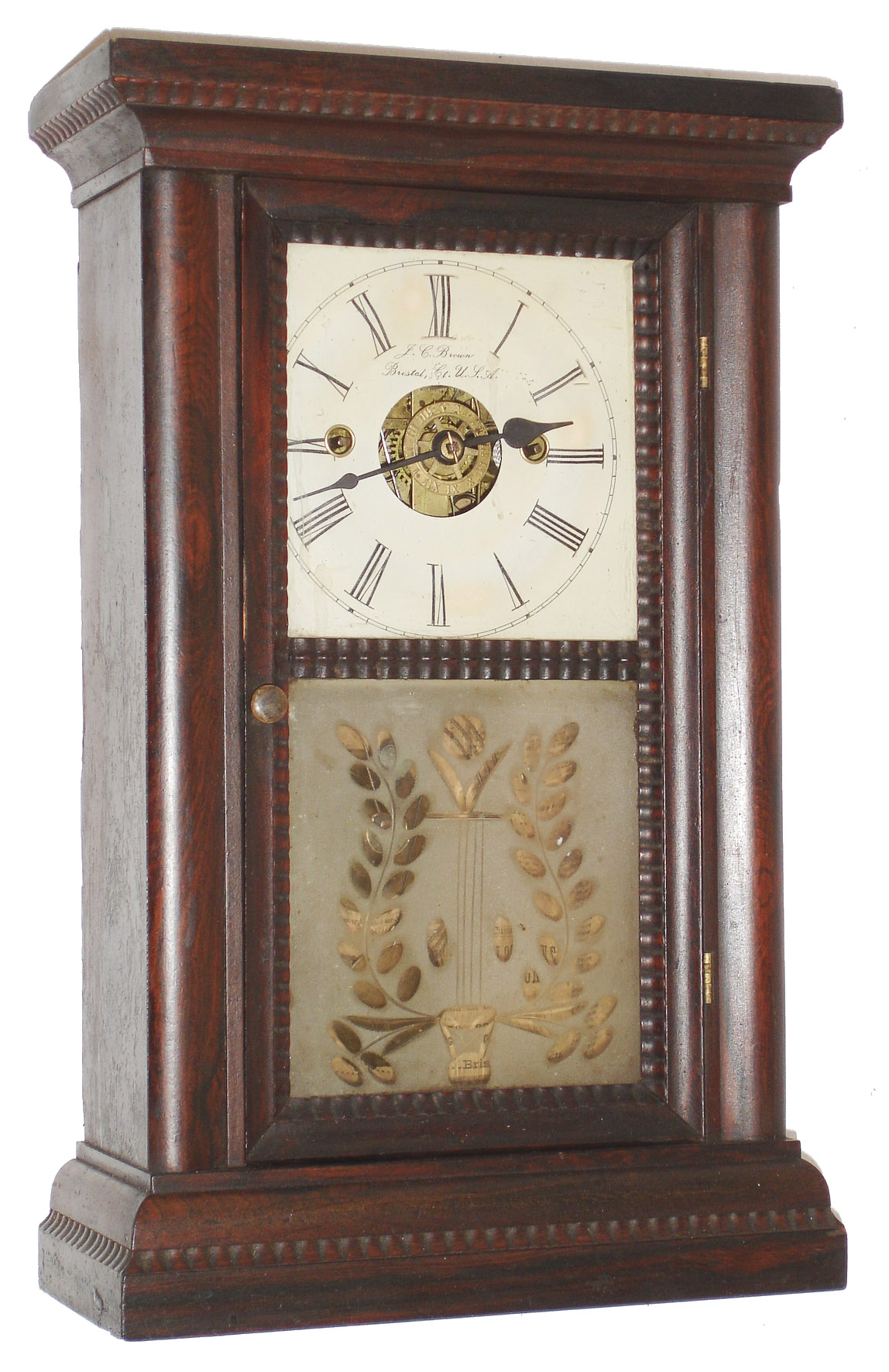Forestville Mfg. Co., J. C. Brown, Forestville, Conn., 8 day, time and strike, fusee ripple accent rosewood shelf clock. c1850 — Antique Clocks Price Guide