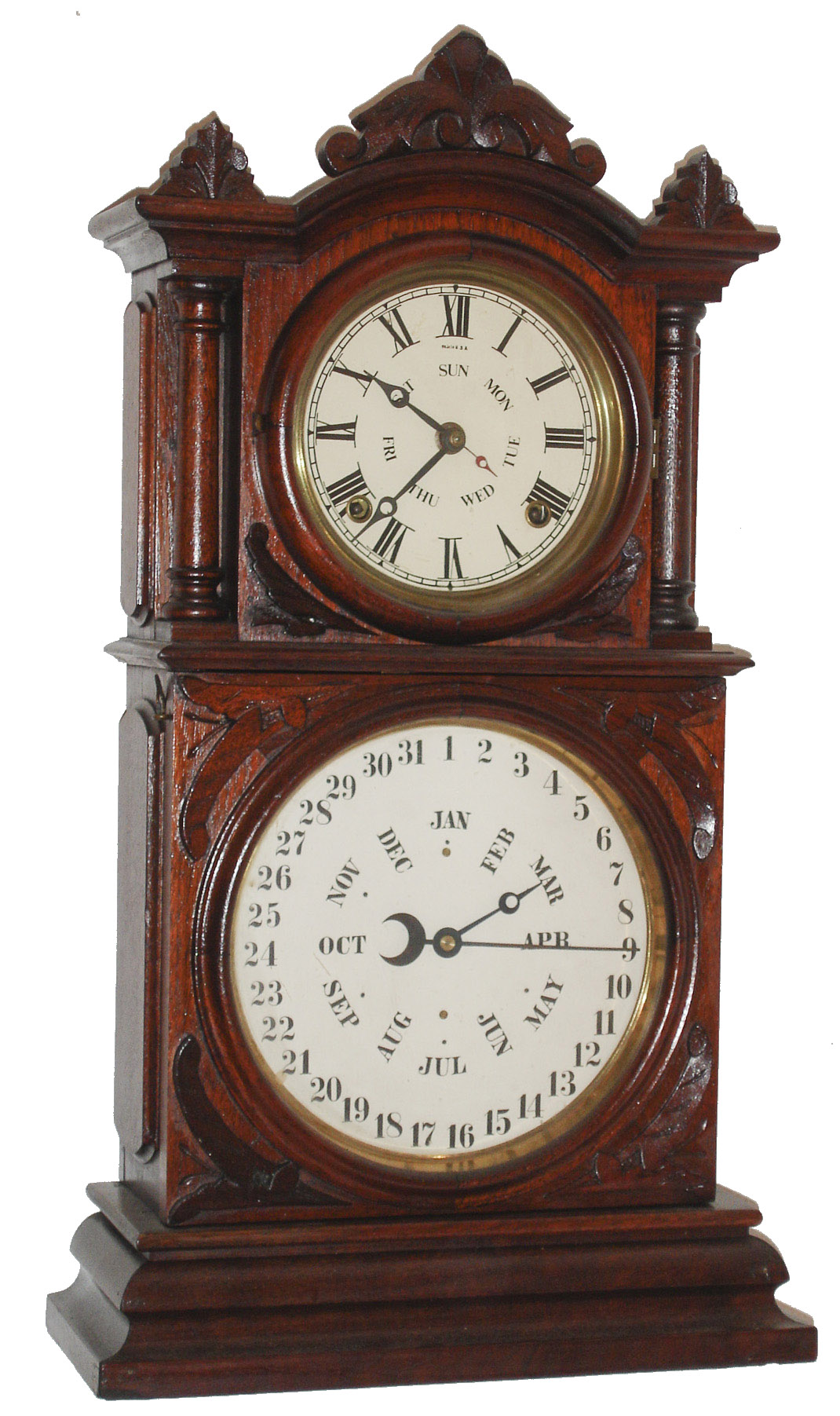 E. Ingraham & Co., Bristol, Conn., "Ingraham Calendar" 8 day, time and strike, double dial calendar clock in walnut with a B.B. Lewis calendar mechanism, c1881. — Antique Clocks Price Guide