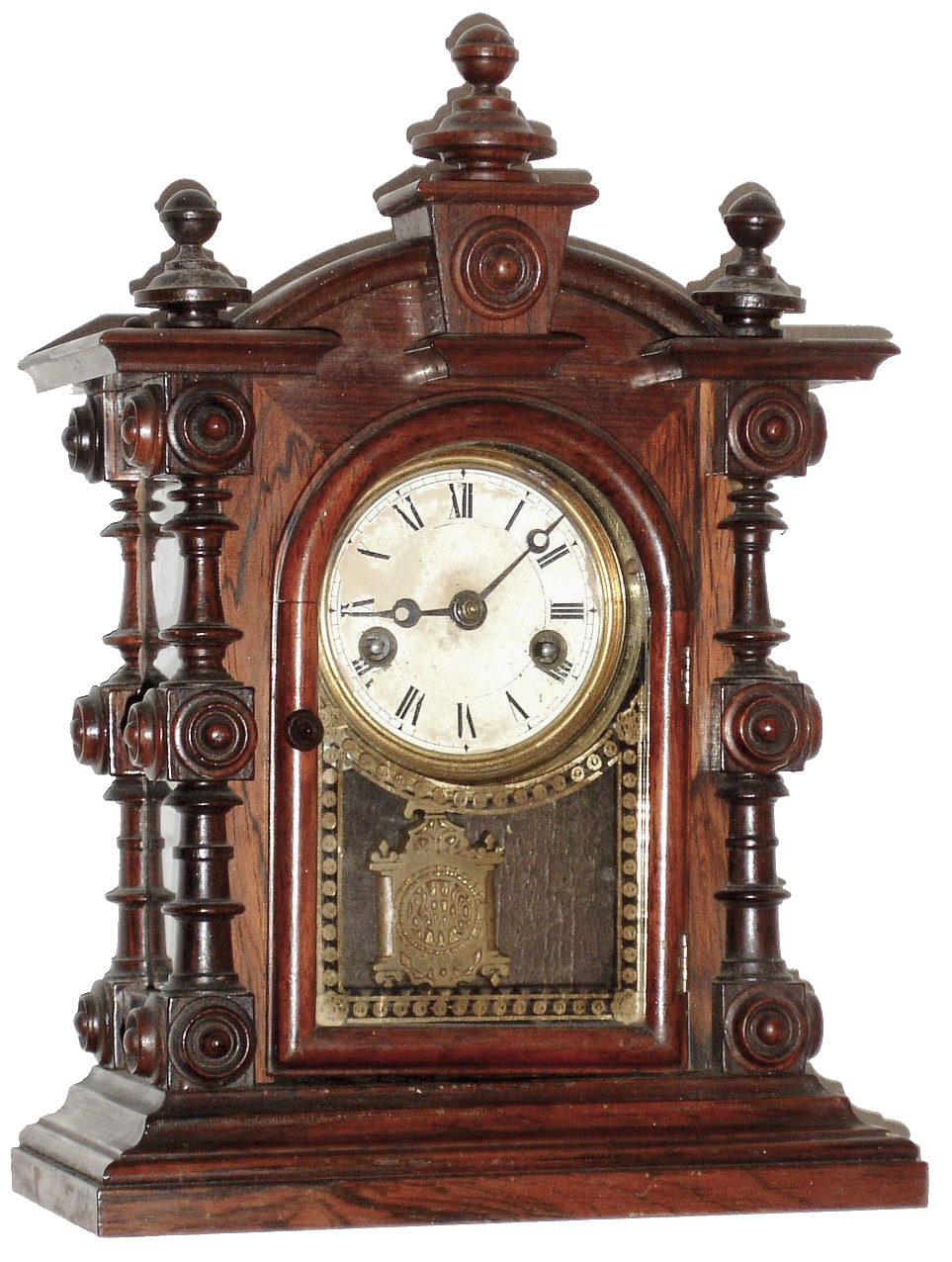 Welch, Spring, & Co., Bristol, Conn., "Patti No. 2", shelf clock, 8 days, time only, double spring driven, nickel plated movement in a rosewood case with papered metal dial and silk screened front tablet and clear glass sides, c1889 — Antique Clocks Price Guide