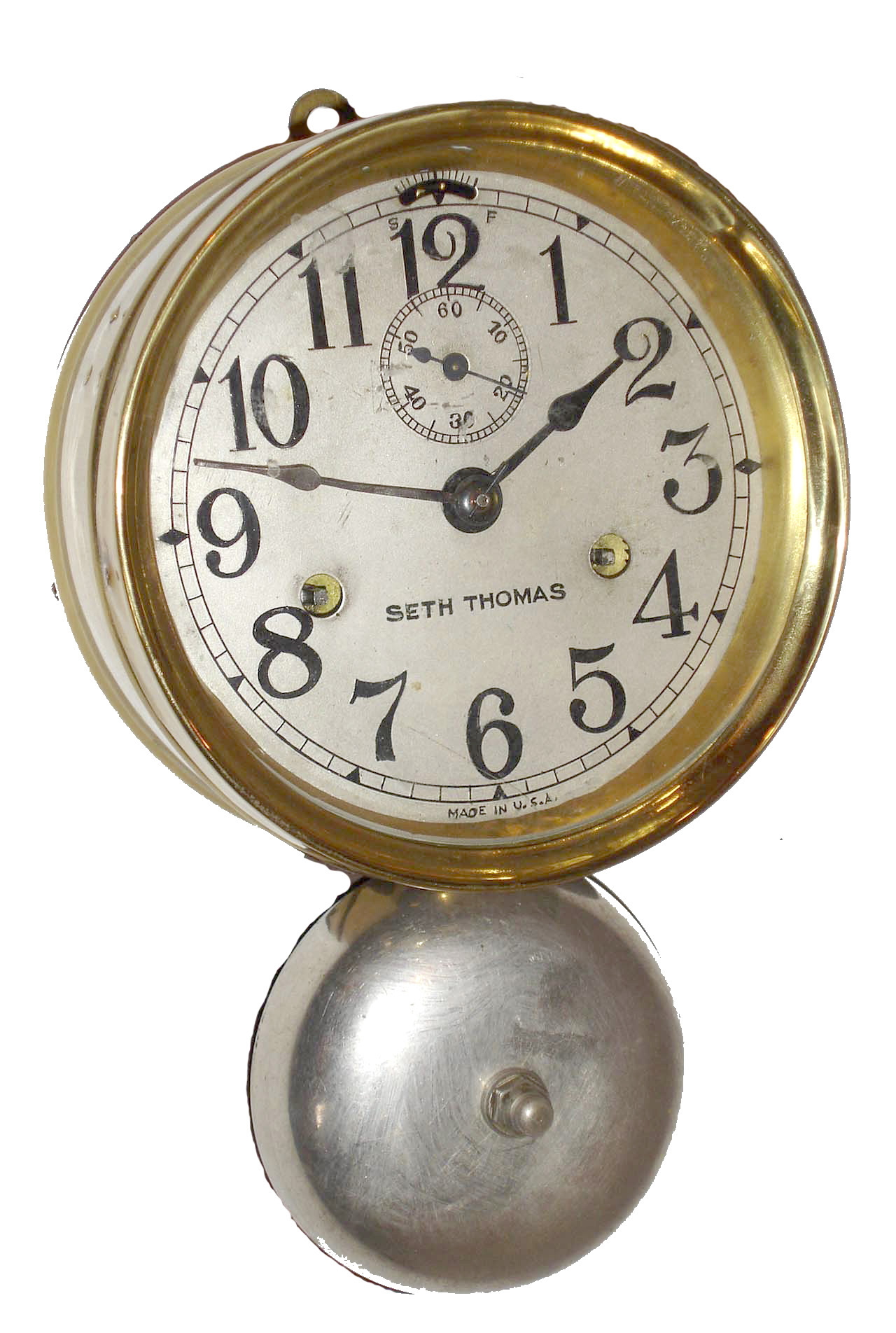 Seth Thomas Clock Co., Thomaston, Conn., brass 30 hours, outside bell ship's bells hanging clock, c1910 — Antique Clocks Price Guide