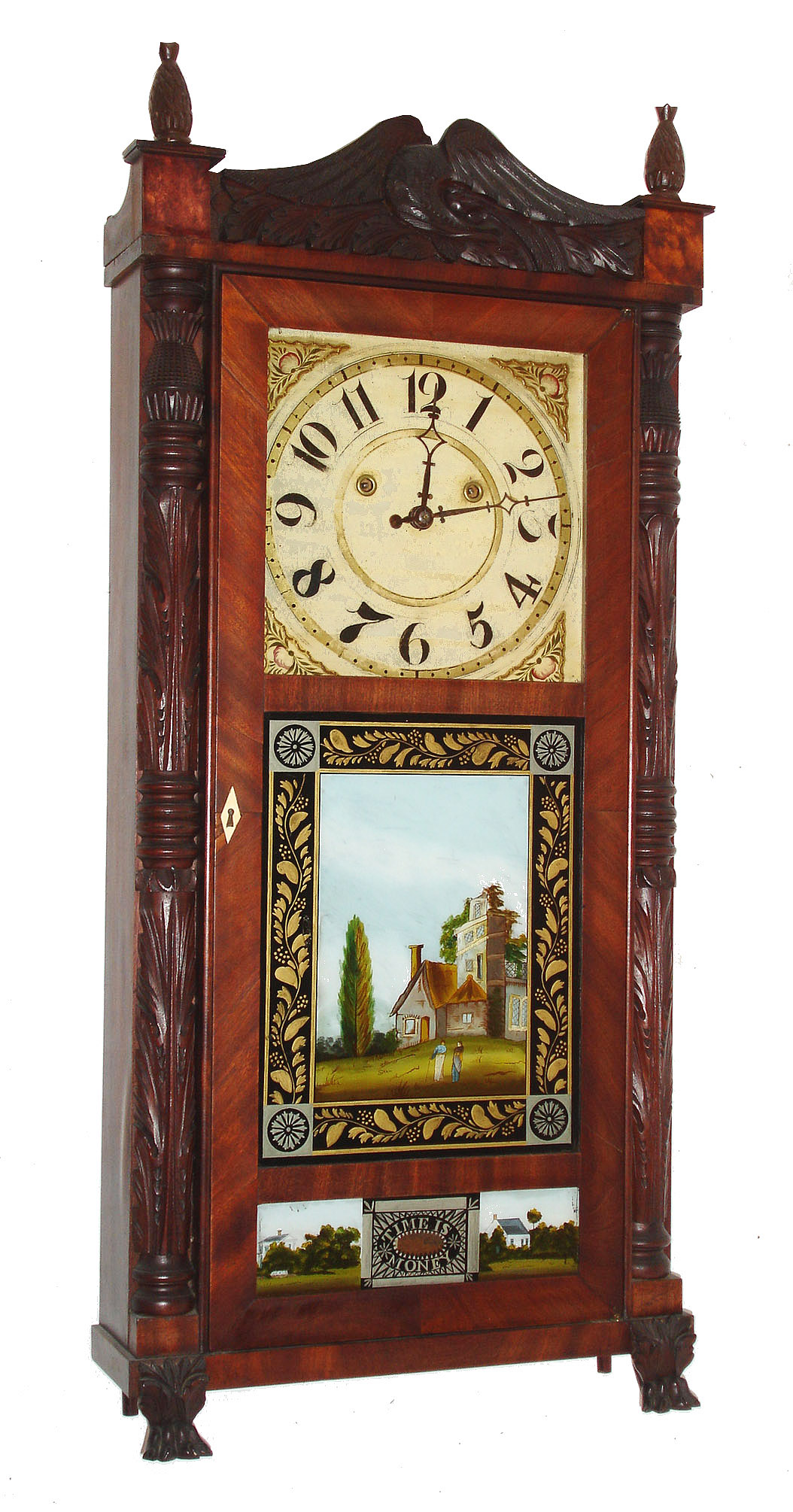 Silas Hoadley, Plymouth, Conn., 30 hour, time and strike, weight "Franklin Clocks" wood movement carved column and splat shelf clock. c1830 — Antique Clocks Price Guide