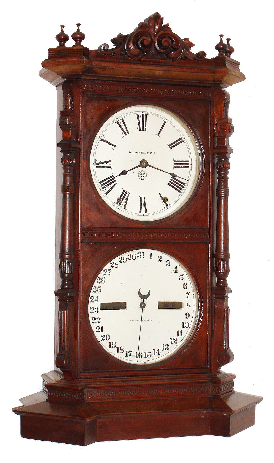 Seth Thomas Clock Co., Thomaston, Conn., "Parlor Calendar No. 8", 8 day, time and strike, double dial calendar clock in walnut, c1886 — Antique Clocks Price Guide