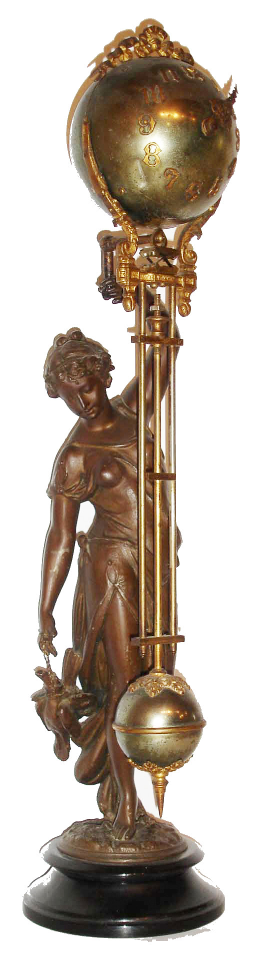 Ansonia Clock Co., Ansonia, Conn. "Huntress Ball Swing" with 8 day, time only, spring driven movement in blue finished ball case supported by bronze finished statue, c1901 — Antique Clocks Price Guide