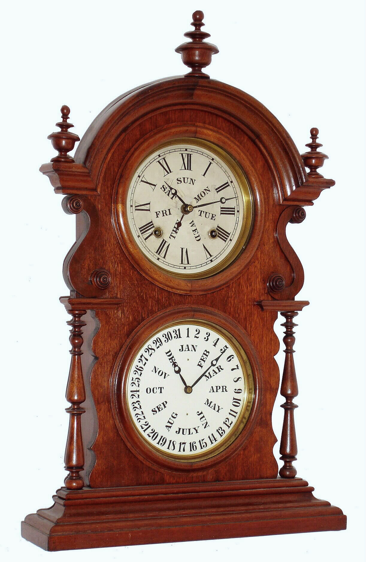 Welch, Spring & Co., Forestville, Conn., "Wagner, B.W. Mantel", 8 days, time and strike, double dial calendar clock in walnut. c1878 — Antique Clocks Price Guide