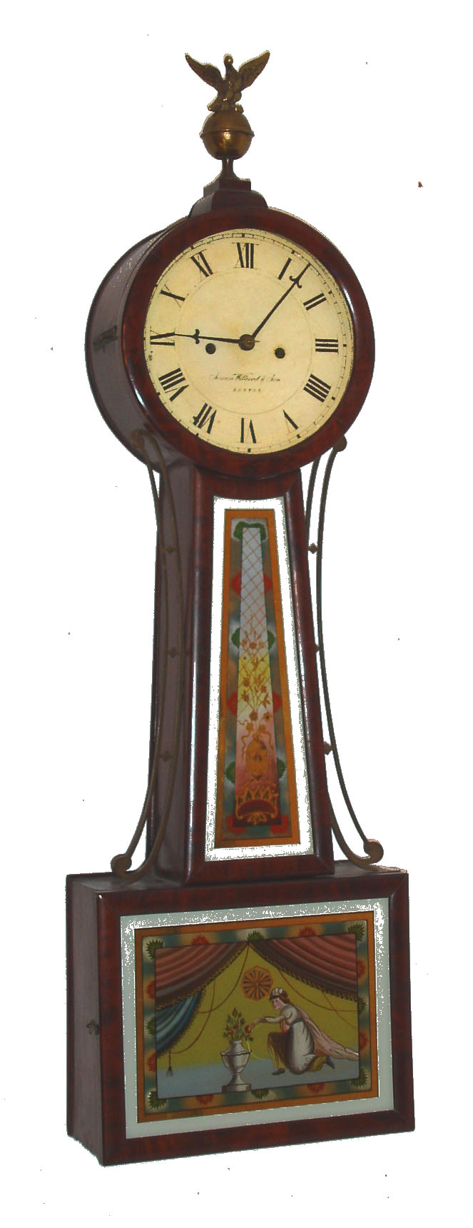 Simon Willard & Son, Boston, Mass., banjo wall clock, 8 day, time, bell strike and alarm, two weight driven movement in a mahogany case with reverse painted throat and lower tablets and painted metal dial, c1828 — Antique Clocks Price Guide