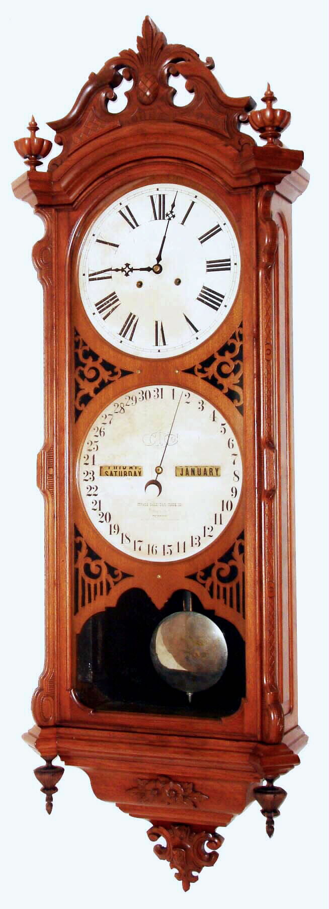 Ithaca Calendar Clock Co., Ithaca, N.Y., "No. 0 Bank", wall clock, 8 days, time and perpetual calendar, two weight driven movement in a walnut case with papered metal dials, dated 1879 — Antique Clocks Price Guide