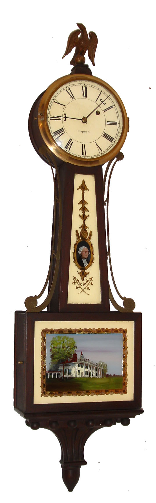 E. Howard & Co., Boston, Mass., "No. 95 Banjo" wall clock, 8 days, time only, weight driven movement in a mahogany case with reverse painted throat and lower tablet depicting George Washington and Mt. Vernon and painted metal dial signed "E. HOWARD & Co. BOSTON", c1923 — Antique Clocks Price Guide