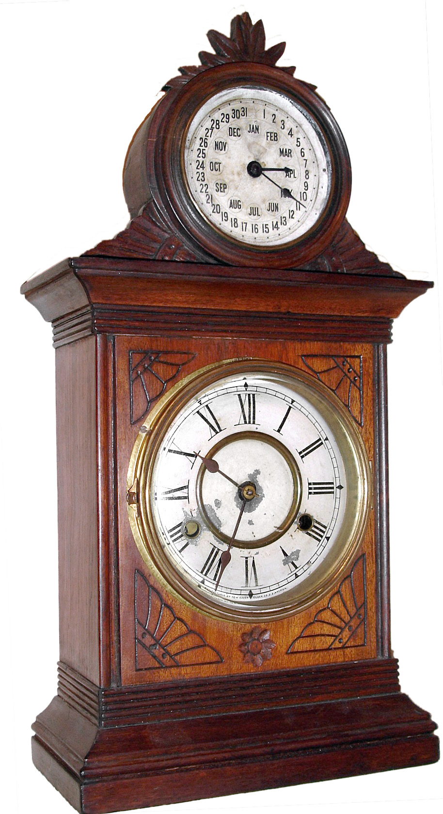 Jerome & Co., (New Haven Clock Co.) New Haven, Conn., "Cabinet No. 4" mantel calendar clock, 8 day, time and strike, perpetual calendar, spring driven movement in a mahogany case with a painted zinc dial, c1885 — Antique Clocks Price Guide