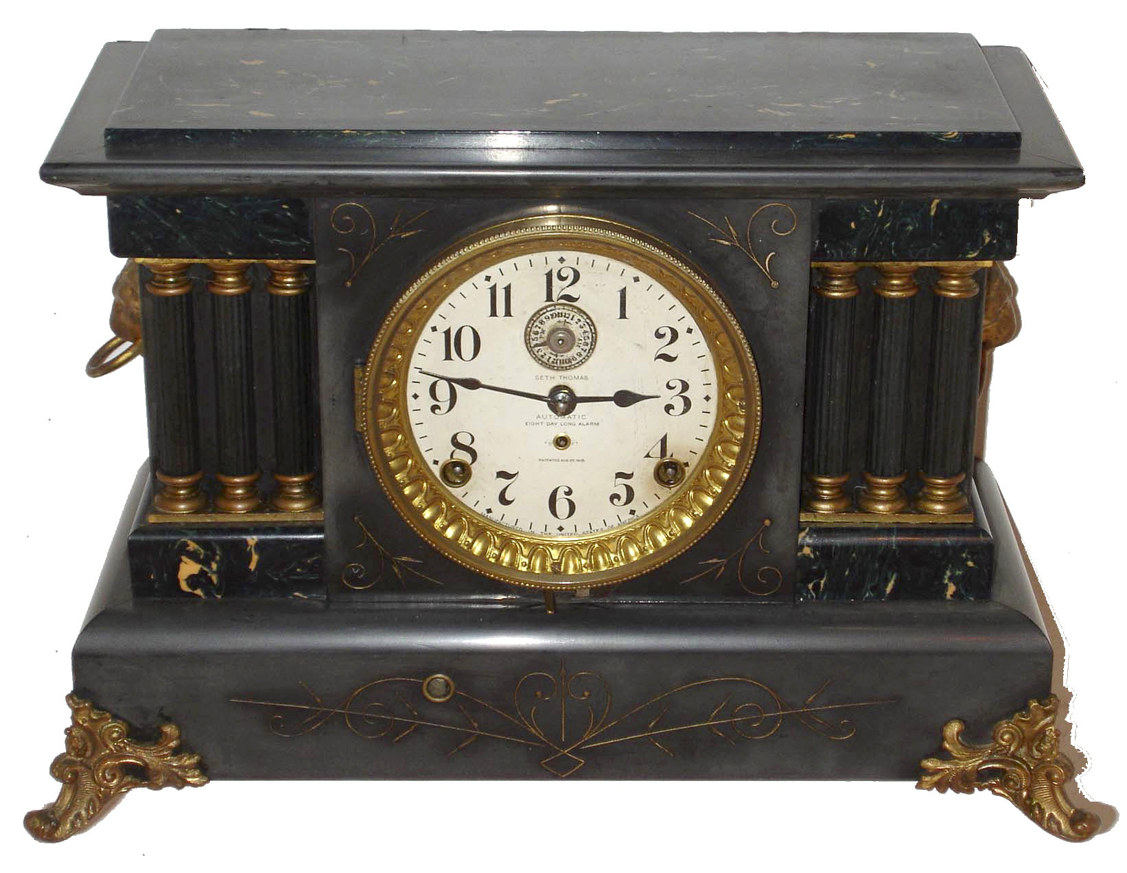 Seth Thomas Clock Co., Thomaston, Conn., "Eight Day Long Alarm", 8 day, time and strike, with alarm black adamantine case mantel clock.  This model was also offered as a standard time and strike, version known as the Keswick. c1909 — Antique Clocks Price Guide