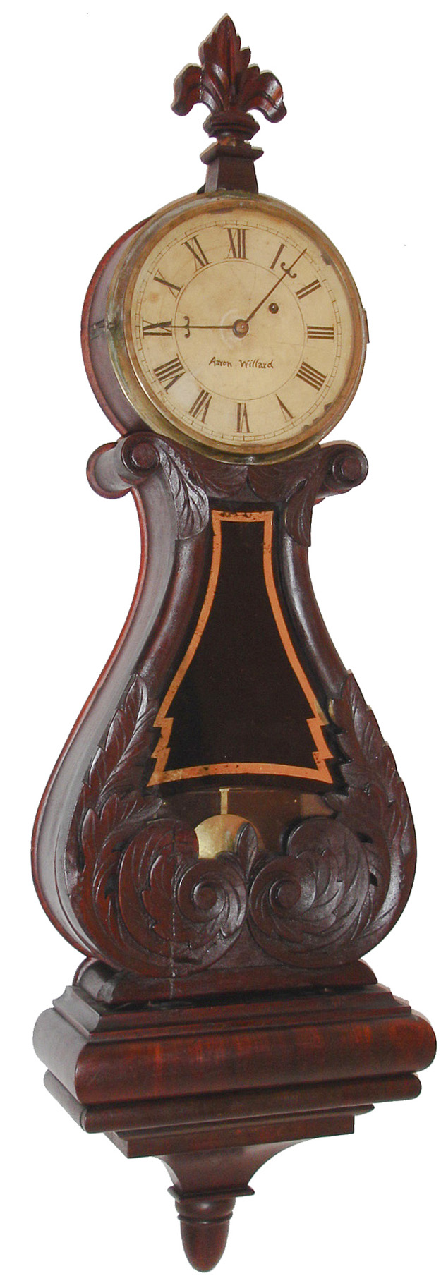 Lyre clock, New England, 8 days, time only, weight driven movement in a carved mahogany and mahogany veneer case with a painted metal dial and reverse painted tablet, c1830 — Antique Clocks Price Guide
