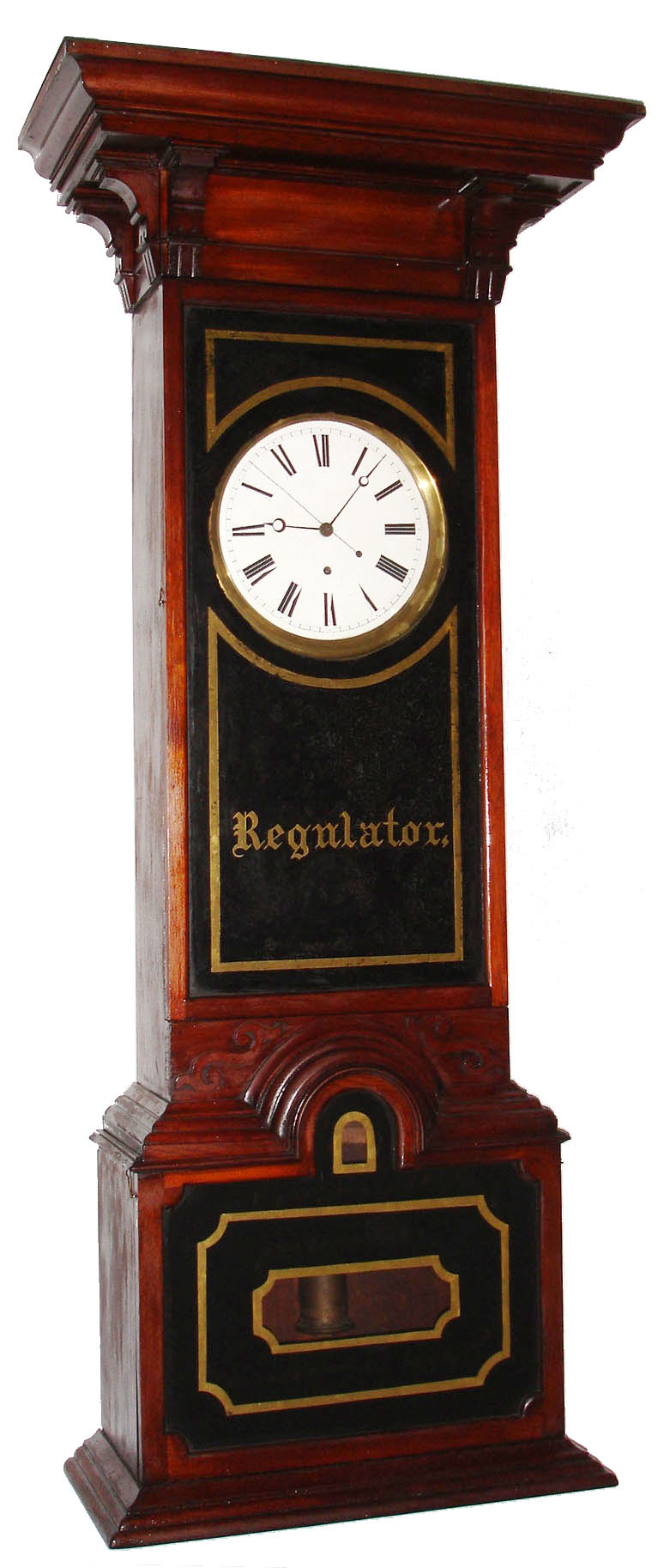 Regulator floor standing, 8 days, time only, weight driven Swiss movement with mercury pendulum, pinwheel escapement and center sweep seconds in a custom wooden case with reverse painted trunk door and base glasses and white enamel dial, c1880 — Antique Clocks Price Guide