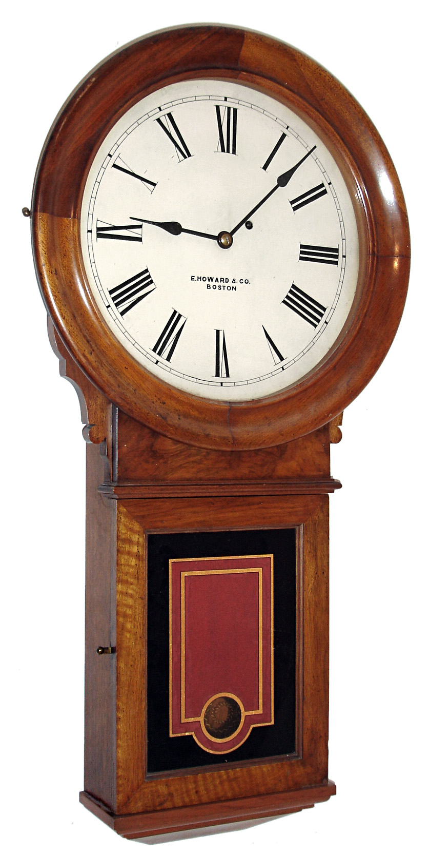 E. Howard & Co., Boston, Mass., "No. 70 Regulator" with 14" dial, wall clock, 8 days, time only, weight driven movement in a walnut case with burled bow tie, painted metal dial and reverse painted lower tablet, c1890 — Antique Clocks Price Guide