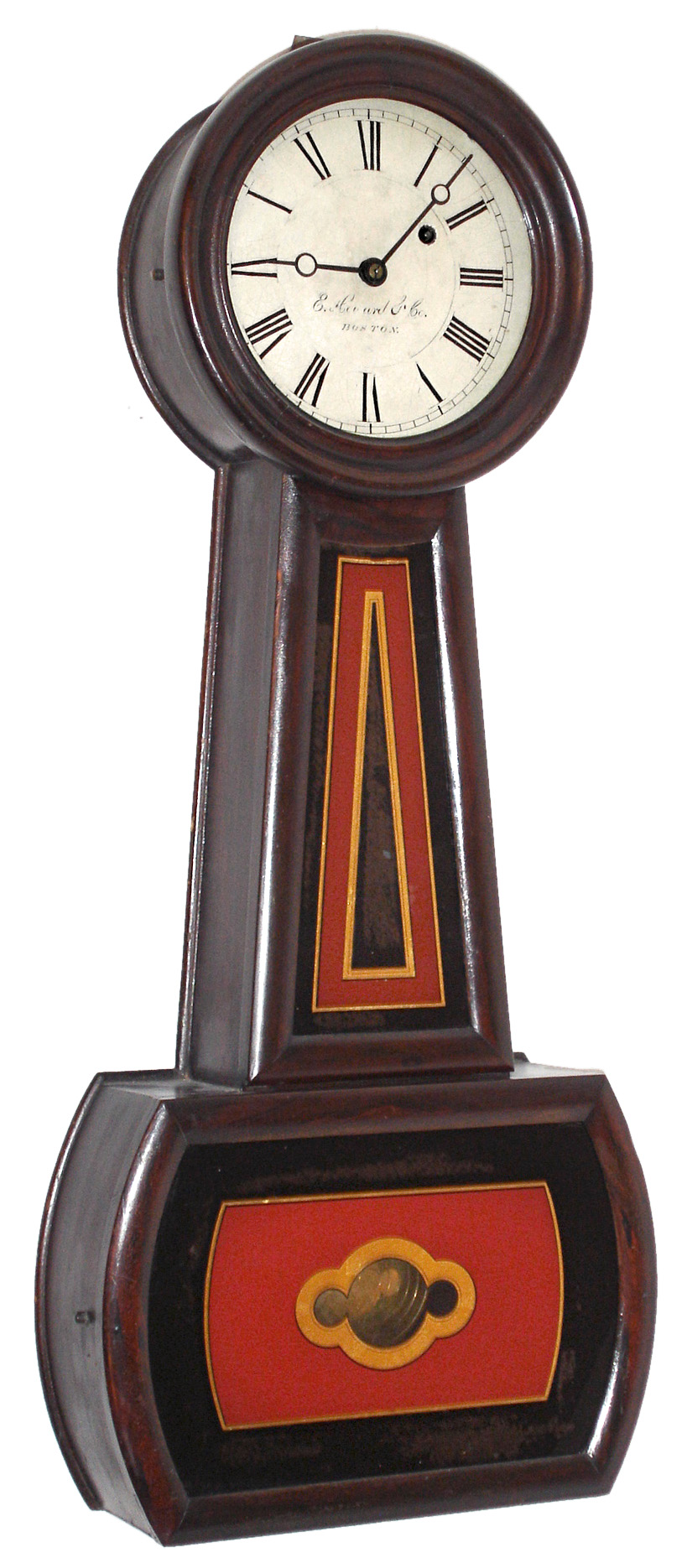 E. Howard & Co., Boston, Mass., "No. 5 Regulator", banjo wall clock, 8 days, time only, weight driven movement in a rosewood grained cherry case with a painted metal dial and reverse painted tablets, c1880 — Antique Clocks Price Guide