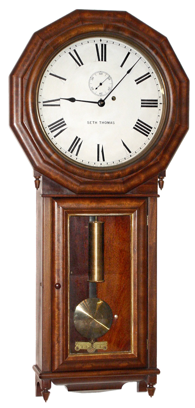Seth Thomas Clock Co., Thomaston, Conn., "Regulator No. 3", wall clock, 8 days, time only, weight driven movement in a mahogany veneer case with painted metal dial and gold leafed trim around lower glass, c1880 — Antique Clocks Price Guide
