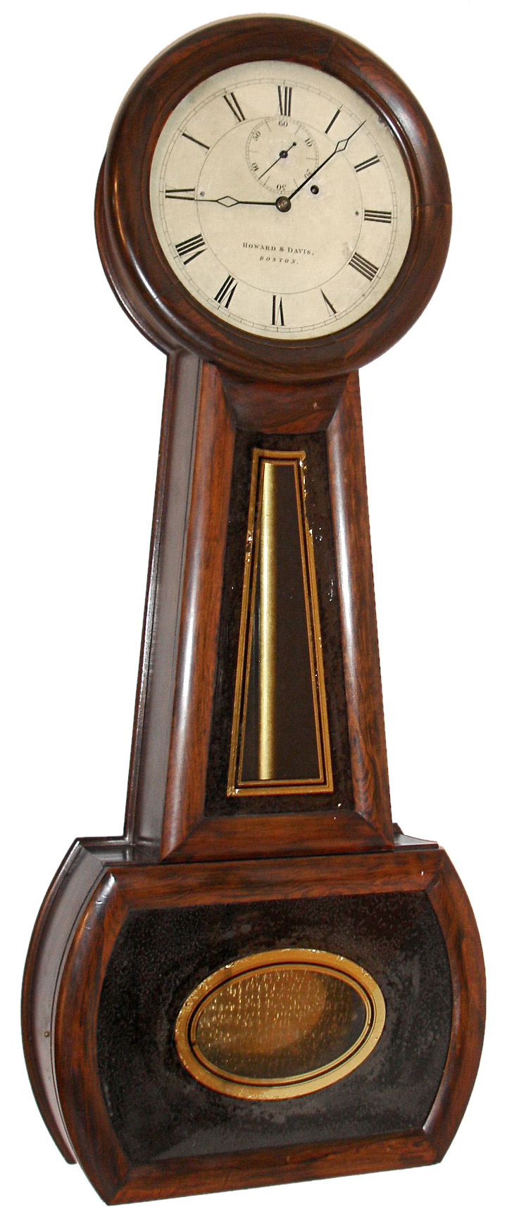 Howard & Davis, Boston, Mass., "No. 1 Regulator" banjo wall clock, 8 days, time only, weight driven movement in a rosewood grain painted cherry case with paper over zinc dial, reverse painted tablets and damascene pendulum bob, c1860 — Antique Clocks Price Guide
