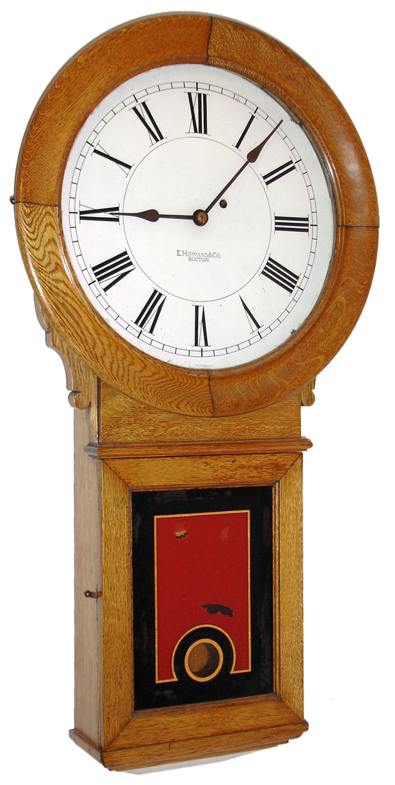 E. Howard & Co., Boston, Mass., "No. 70 Regulator" with 14" dial, wall clock, 8 days, time only, weight driven movement in an oak case with painted metal dial and reverse painted lower tablet, c1890 — Antique Clocks Price Guide