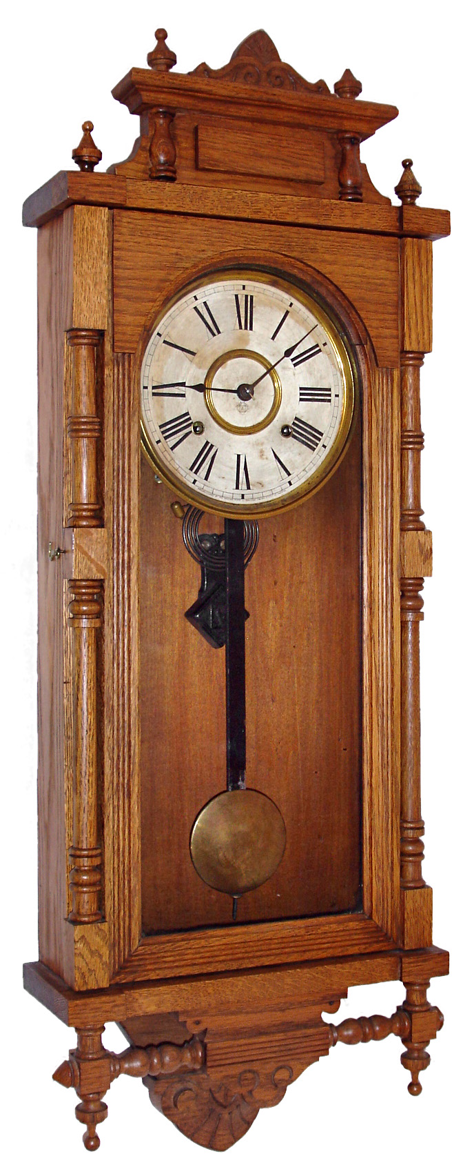 Ansonia Clock Co., Brooklyn, New York, "Queen Elizabeth", wall clock, 8 days, time and strike, spring driven movement in an oak case with paper over metal dial, c1890 — Antique Clocks Price Guide