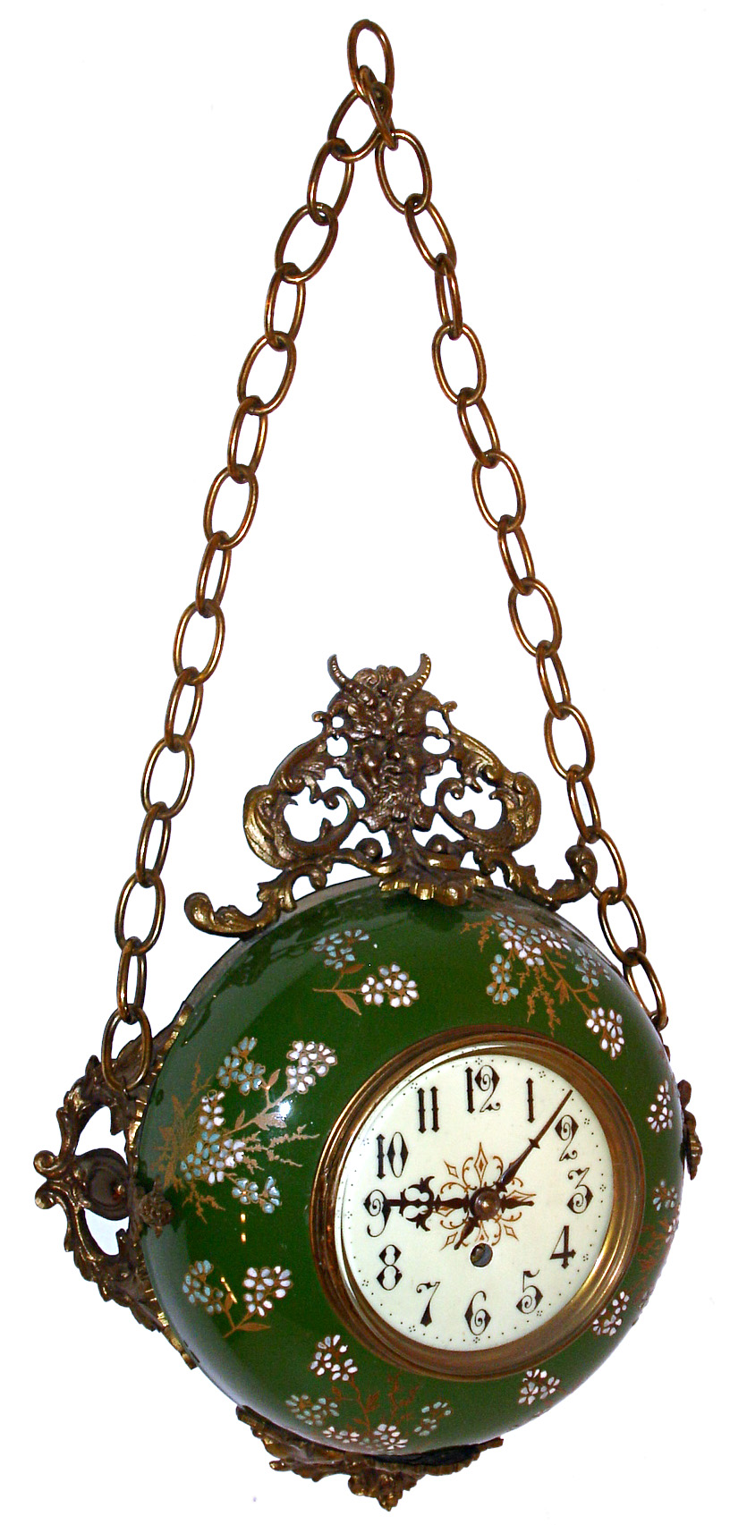 Japy Freres, France, "Chatelaine", hanging porcelain cartel wall clock, 8 days, time only, spring driven movement in a floral decorated green case with ormolu castings and chain, c1900 — Antique Clocks Price Guide