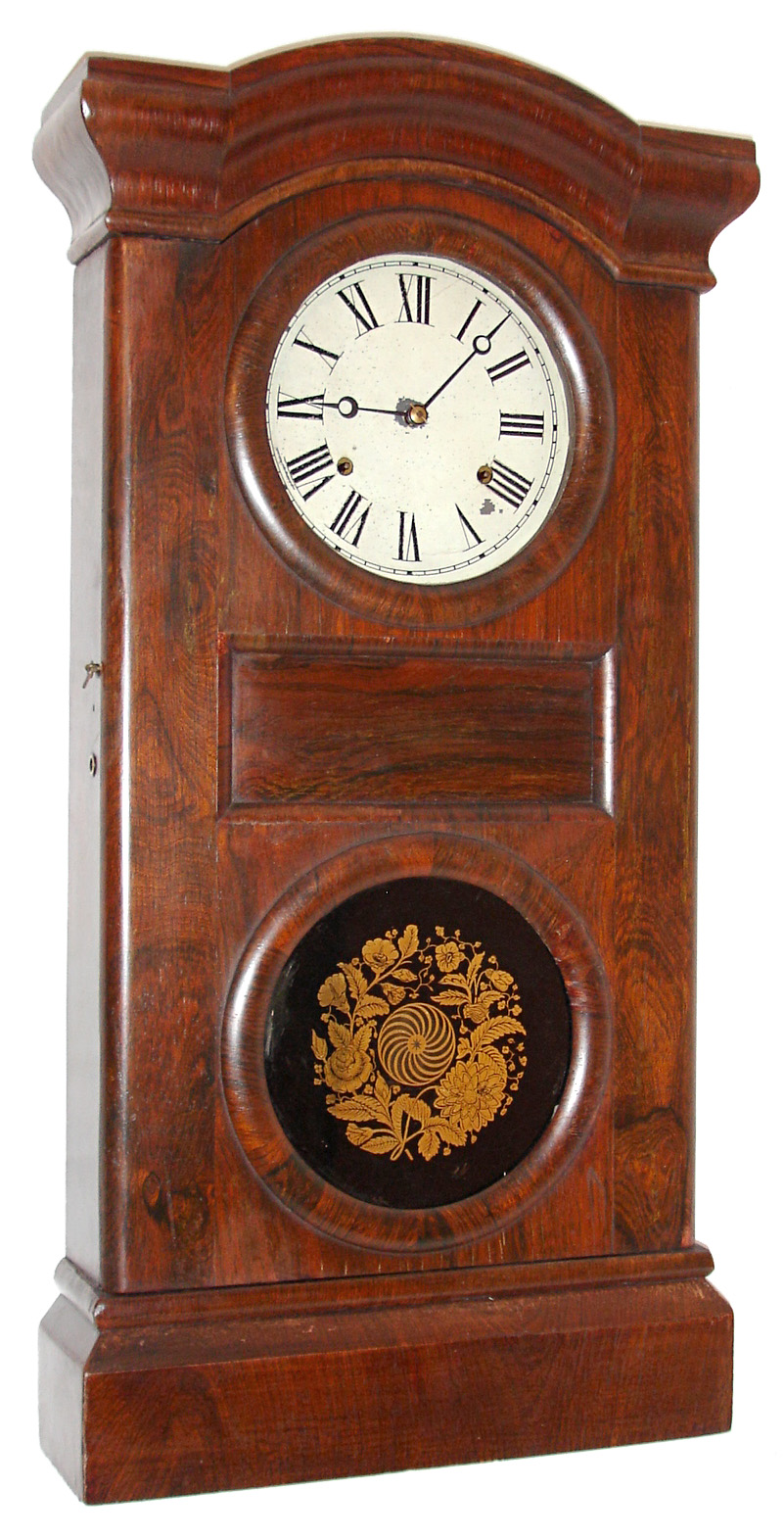 Seth Thomas Clock Co., Thomaston, Conn., "Parlor No. 1", shelf clock, 8 days, time and strike, weight driven movement in a rosewood veneer case with painted metal dial and reverse painted tablet, c1870 — Antique Clocks Price Guide